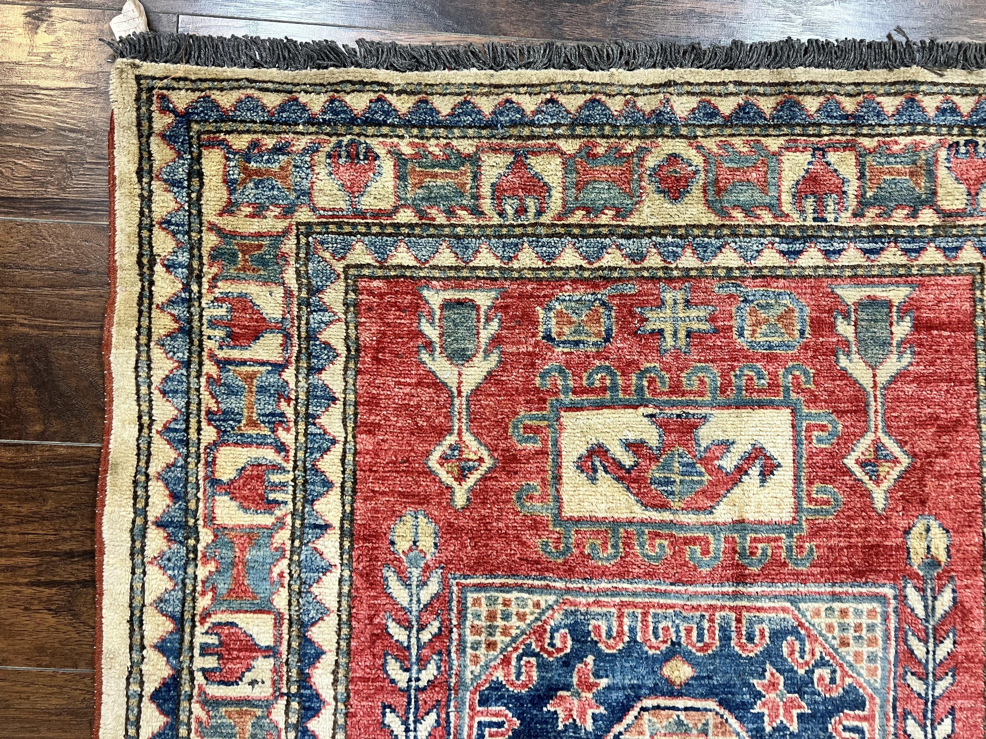 Turkish Kazak Rug 3x4, Wool Hand Knotted Small Vintage Carpet, Red Navy Blue, 3 x 4 Oriental Rug, Geometric Design - Jewel Rugs