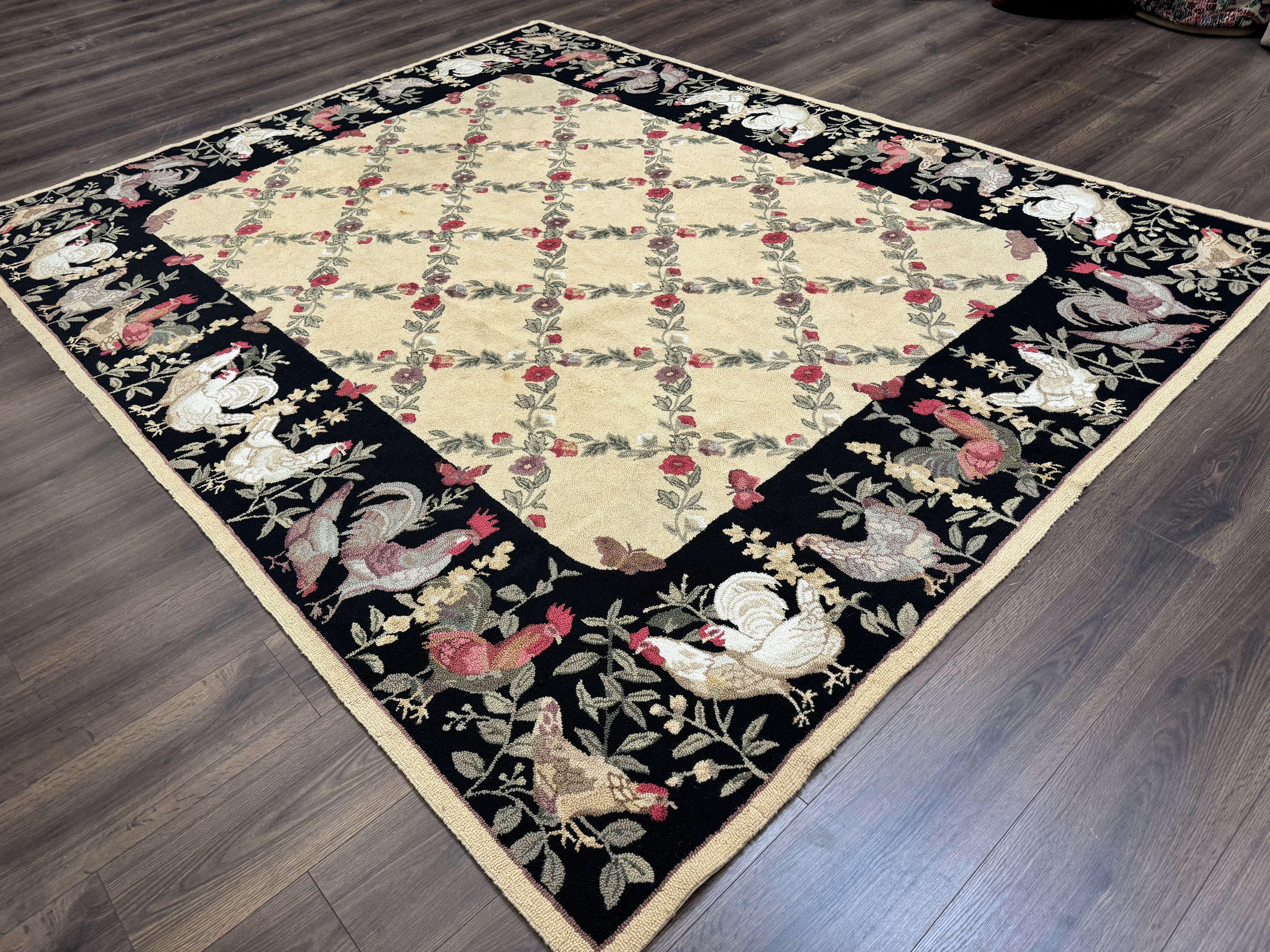Vintage Hooked Rug 7x9, Rosters in Border, Roses and Butterflies - Jewel Rugs