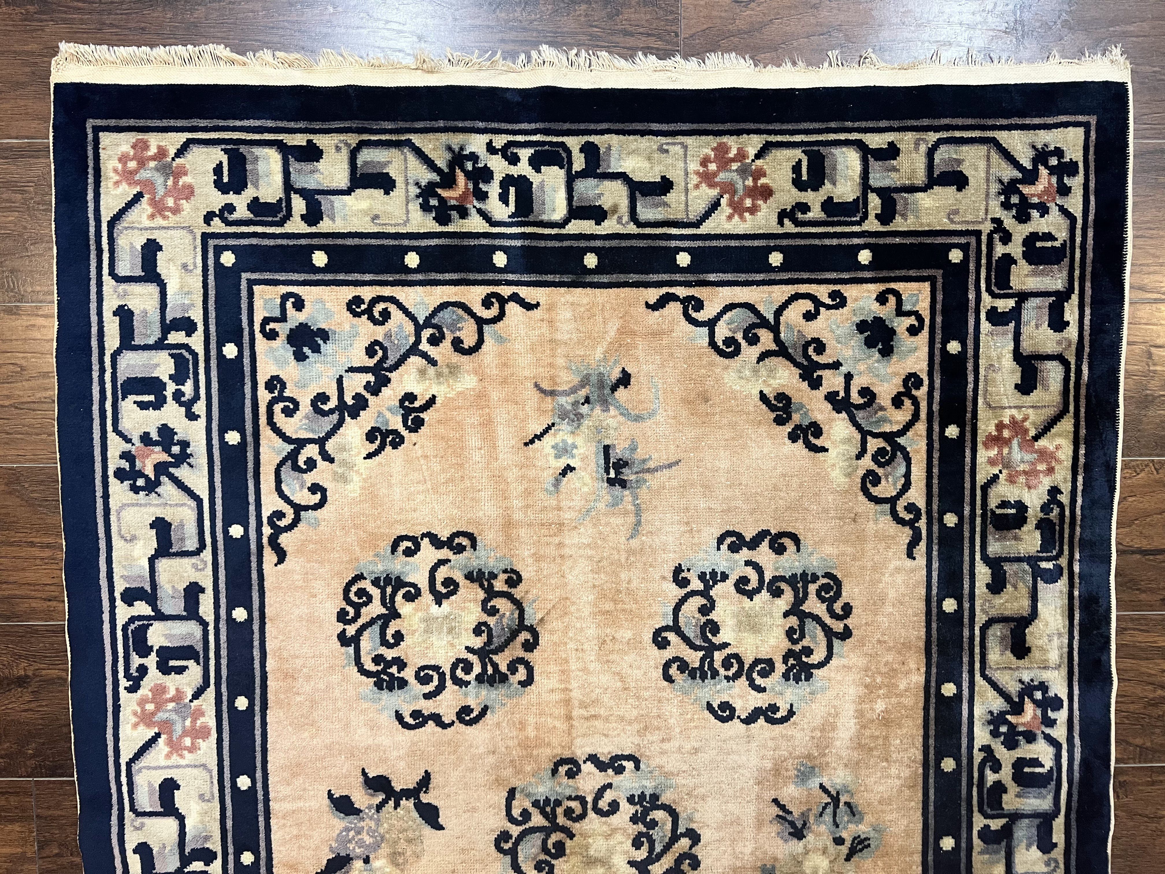 Chinese Peking Rug 4x6, Wool Hand Knotted Handmade Vintage Semi Antique Carpet, Semi Open Field, Light Peach & Navy Blue, Art Deco Rug - Jewel Rugs