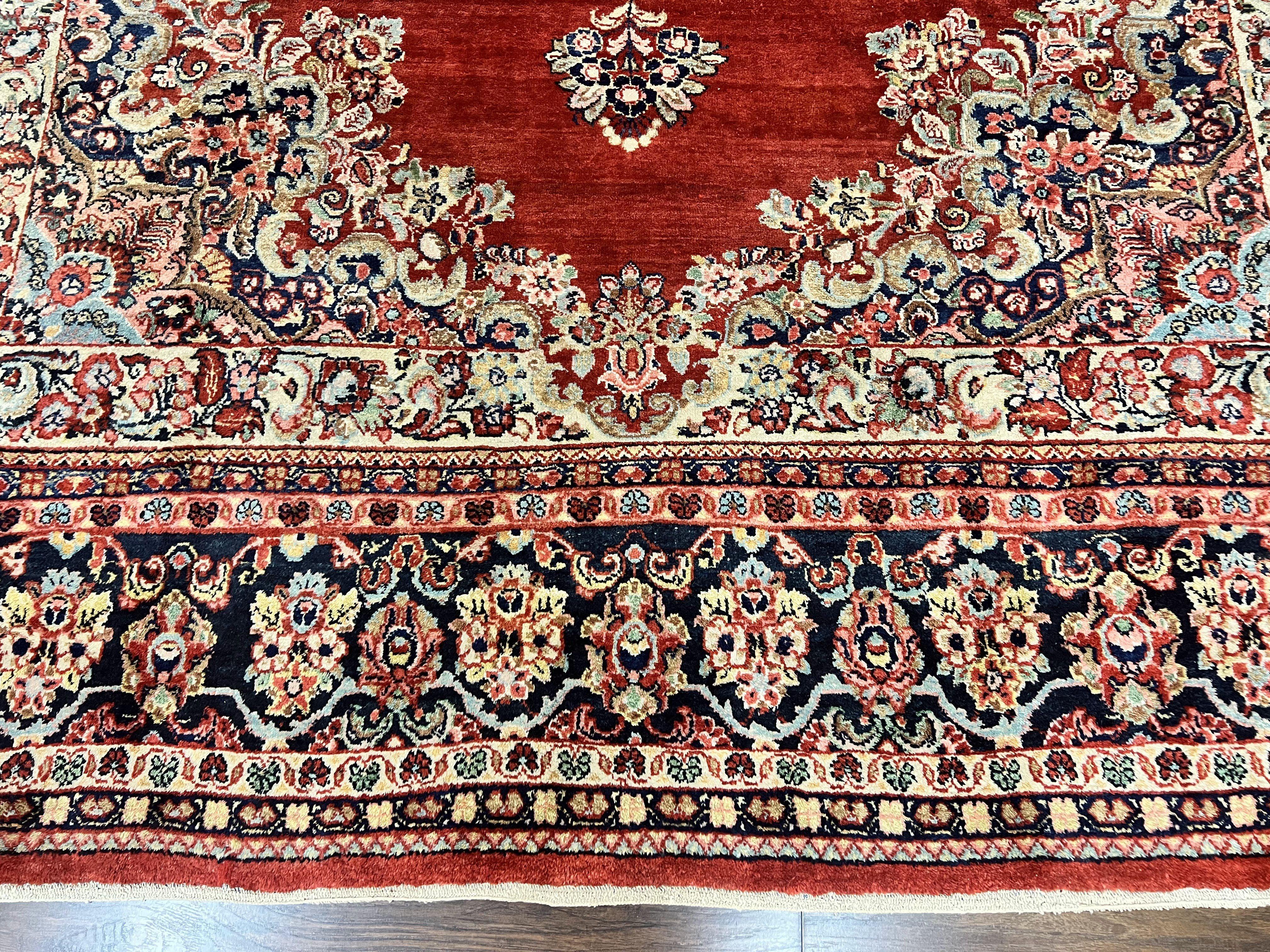 Persian Sarouk Rug 11x14, Semi Open Field, Large Antique Persian Wool Handmade Carpet, Red and Dark Blue, Floral - Jewel Rugs
