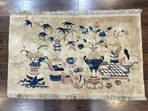 Chinese Rug 5x3, Horizontal Rug, Vases Flowers, Handmade Antique Vintage Carpet, Peking Rug, Chinese Wool Rug