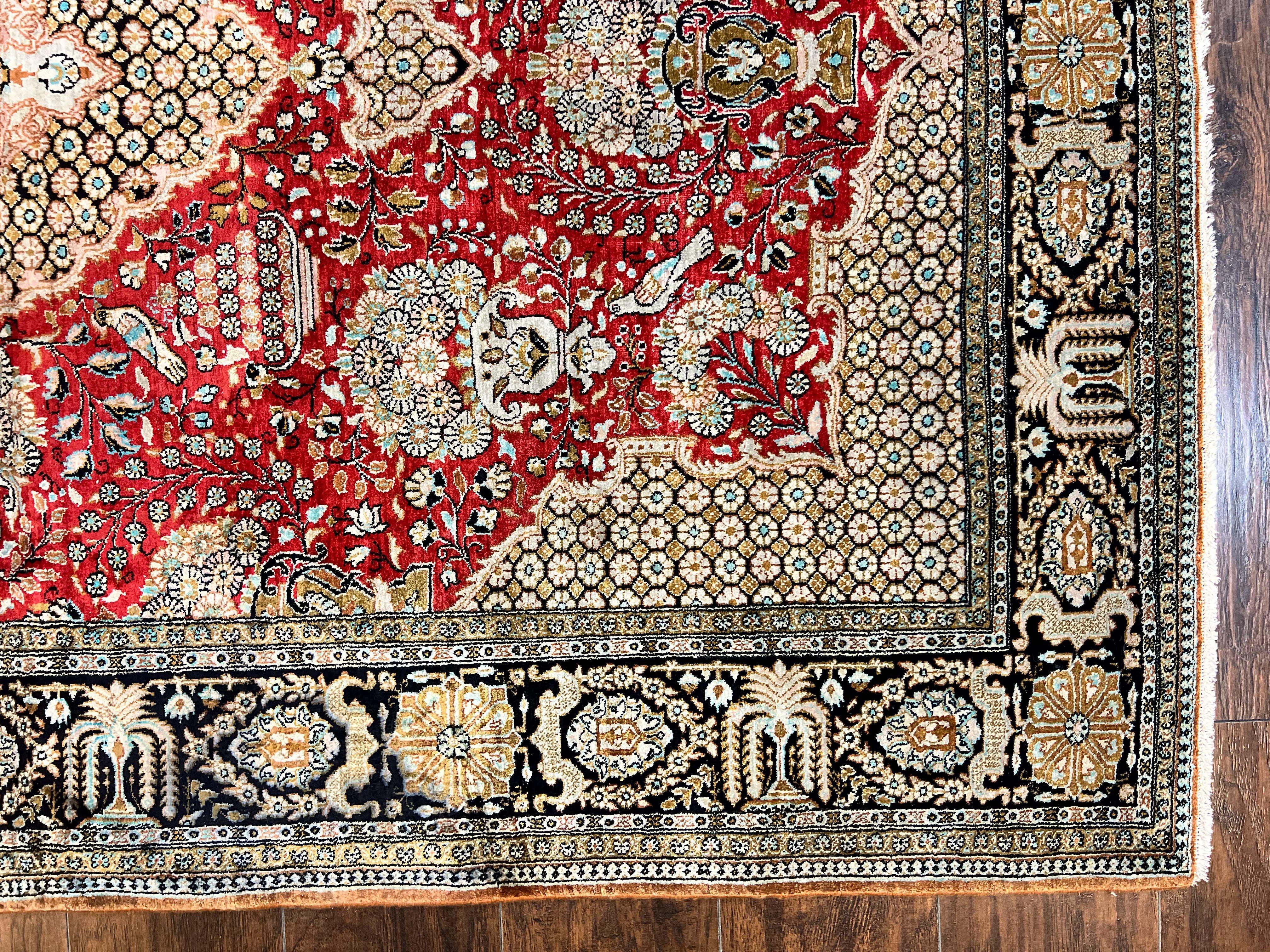 Wonderful Persian Silk Rug 5x7, Birds Floral Vases, Red, Hand Knotted Silk Fine Oriental Carpet, Handmade Vintage, Persian Qum Rug, 400 KPSI - Jewel Rugs