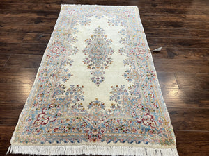Persian Kirman Rug 4x7, Wool Handmade Vintage Carpet, Cream & Light Blue, Semi Open Field, Traditional Oriental Rug