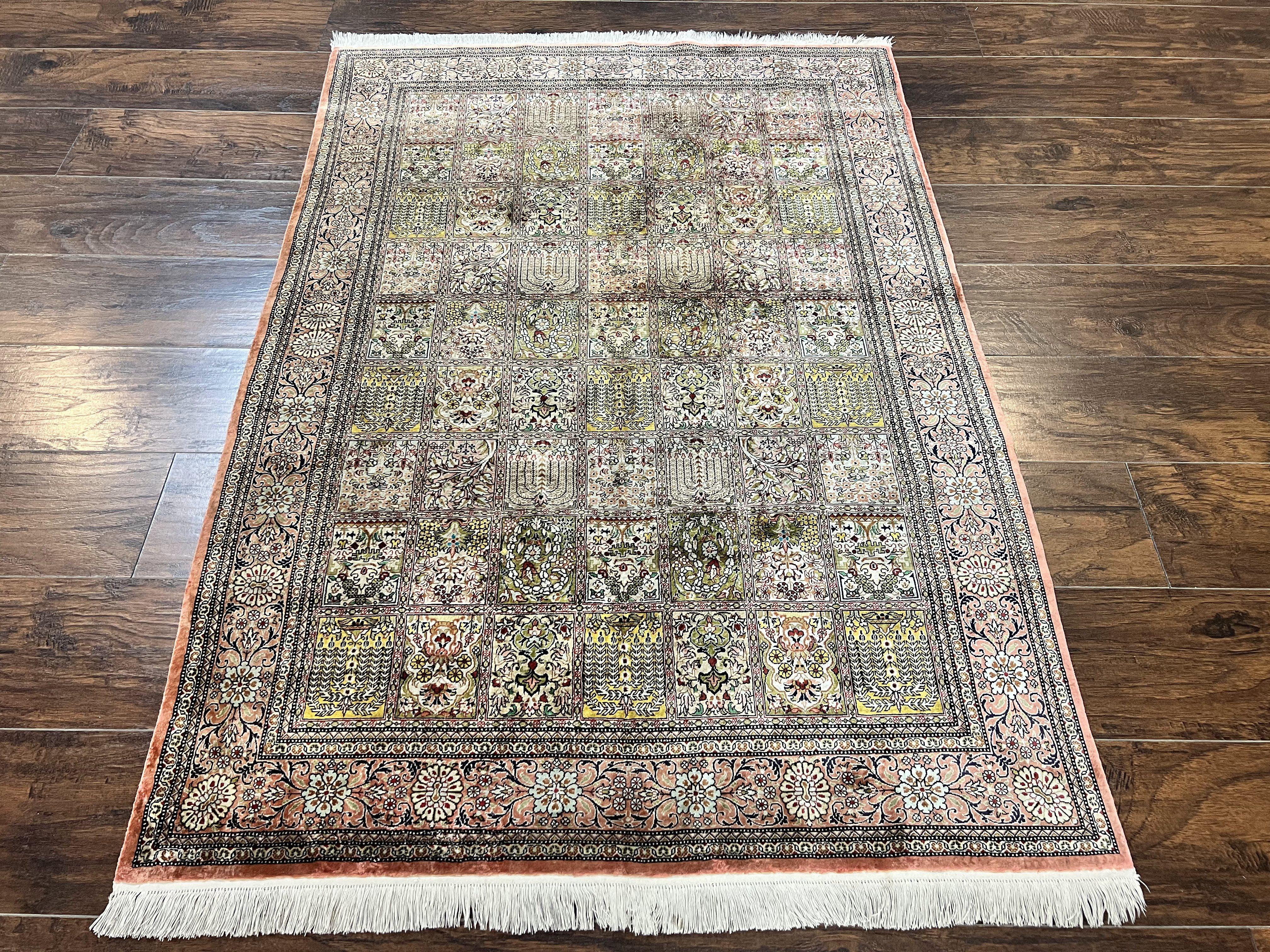 Magnificent Persian Silk Rug 3.7 x 5, Persian Qum Rug, Panel Design, Kheshti Garden, Extremely Fine 650 KPSI - 70 Raj, Hand Knotted, Vintage, Multicolor - Jewel Rugs