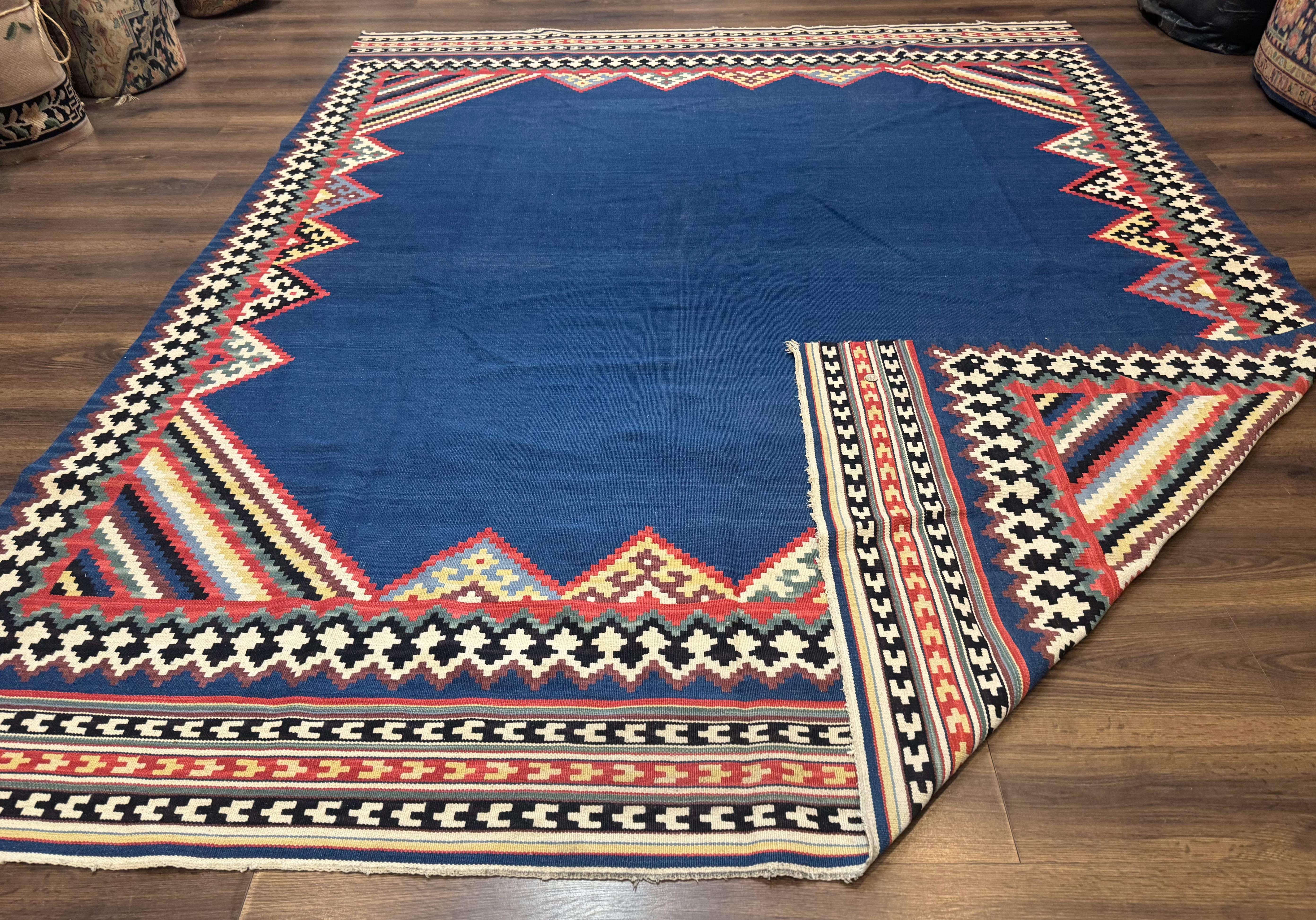 Persian Shiraz Tribal Kilim Rug 8x10, Large Blue Open Field, Bohemian, Colorful - Jewel Rugs
