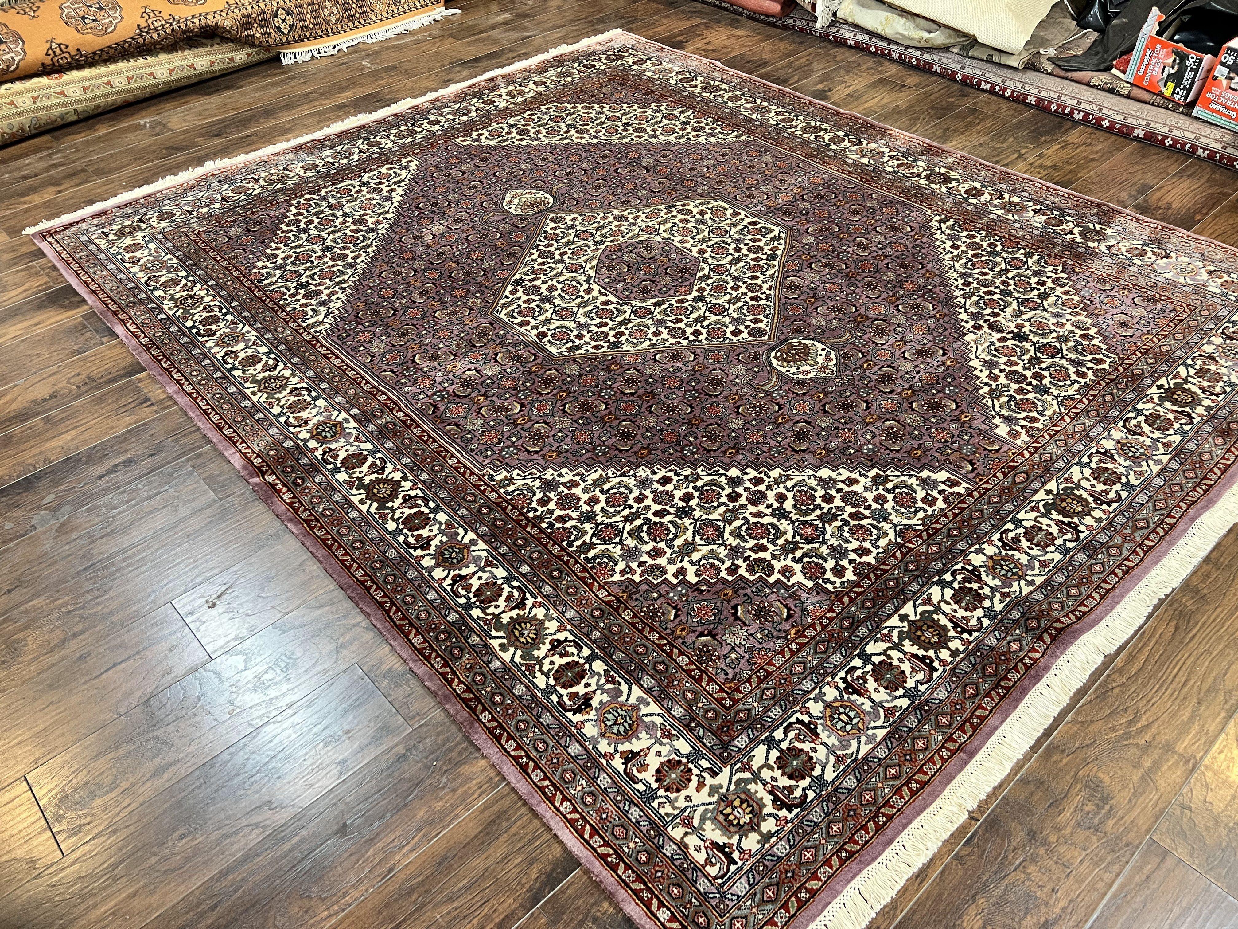 Indo Persian Bidjar Rug 8x10, Purple and Ivory Hand Knotted Wool Vintage Oriental Carpet, Herati Mahi Pattern, 8 x 10 Traditional Fine Rug - Jewel Rugs