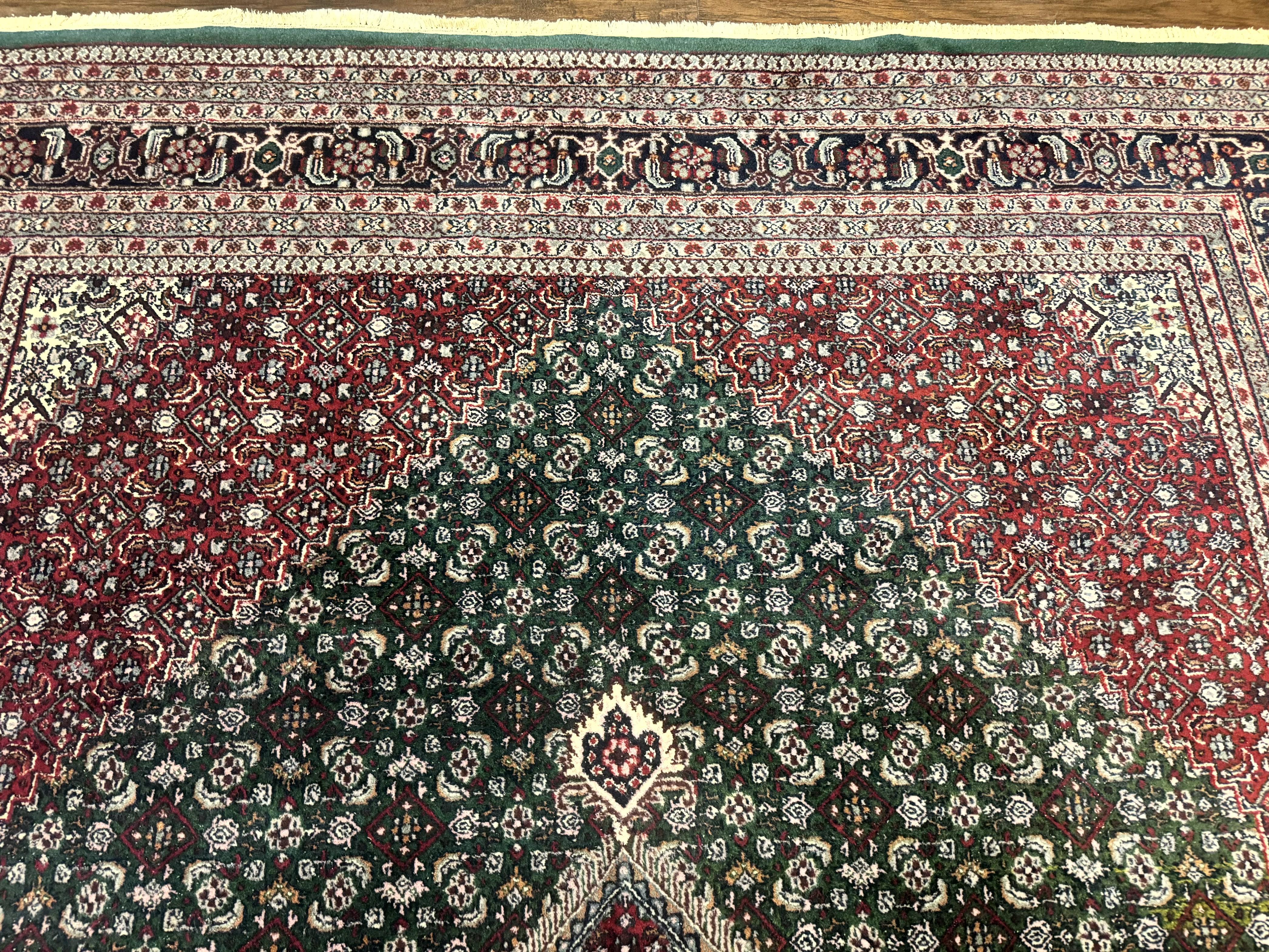 Indo Persian Bidjar Rug 8x11, Green and Red, Herati Pattern, Vintage Handmade Wool Oriental Carpet - Jewel Rugs