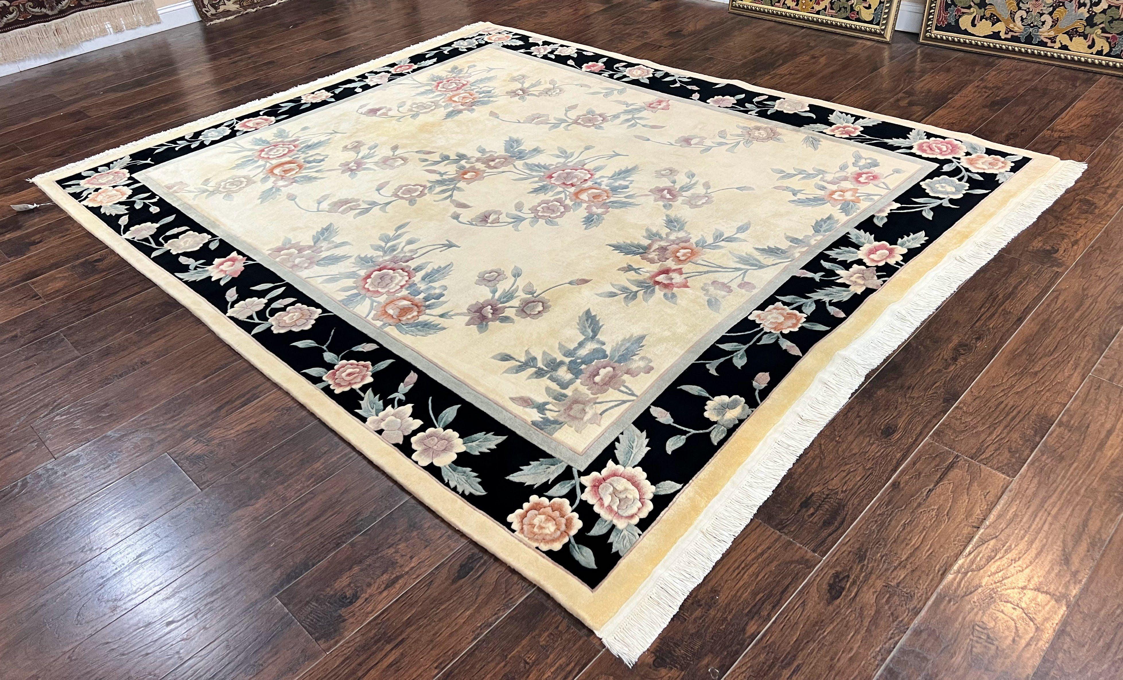 Chinese Wool Rug 8x10, Floral Design, Cream & Black, Art Deco 90 Line Rug 8 x 10, Soft, Handmade Vintage Oriental Carpet - Jewel Rugs
