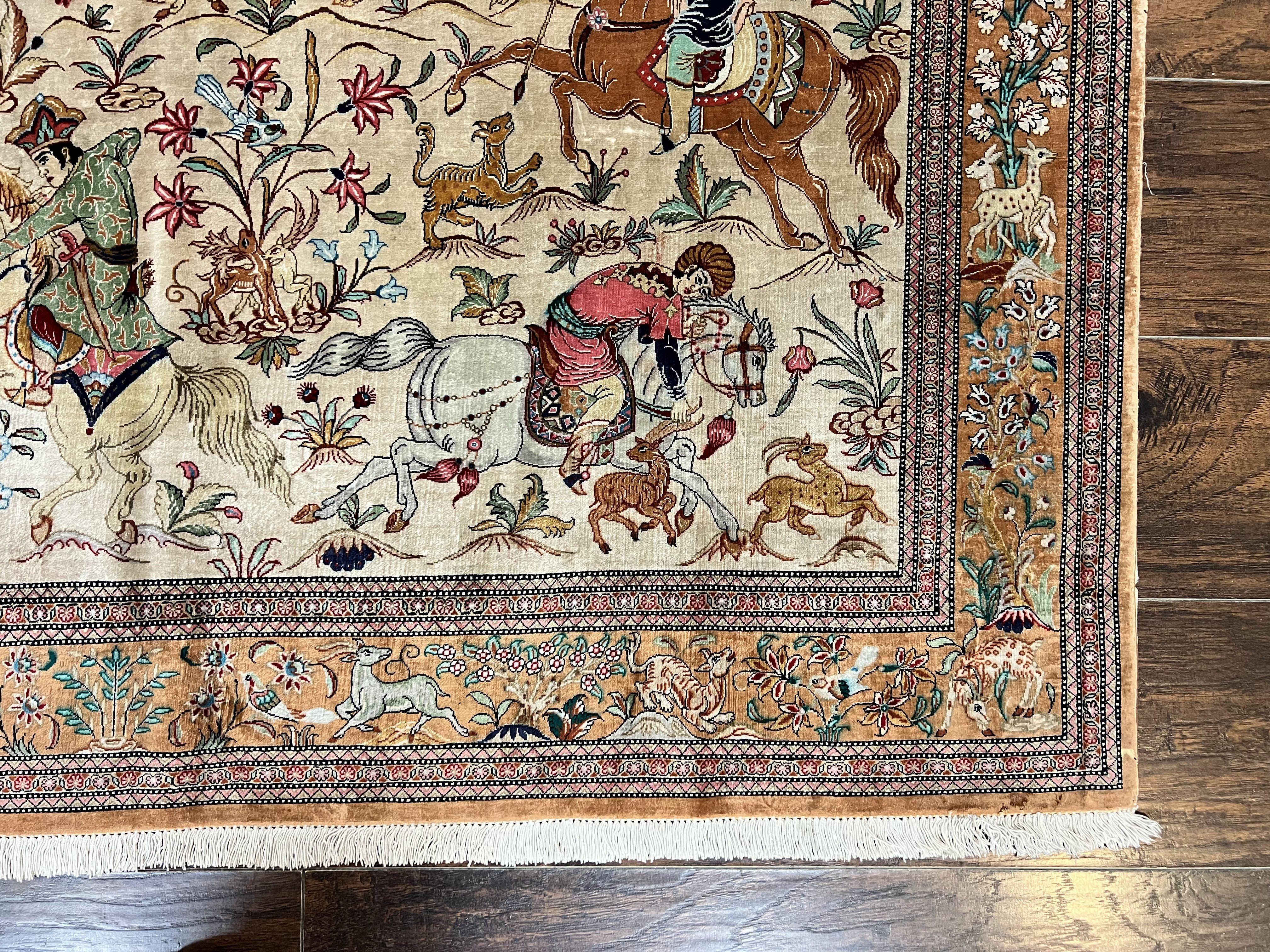 Silk Persian Qum Rug 3x5, Hunting Pattern, Handmade Vintage Carpet, Signed by Master Weaver, Horsemen Pictorials, Super Fine 650 KPSI - Jewel Rugs