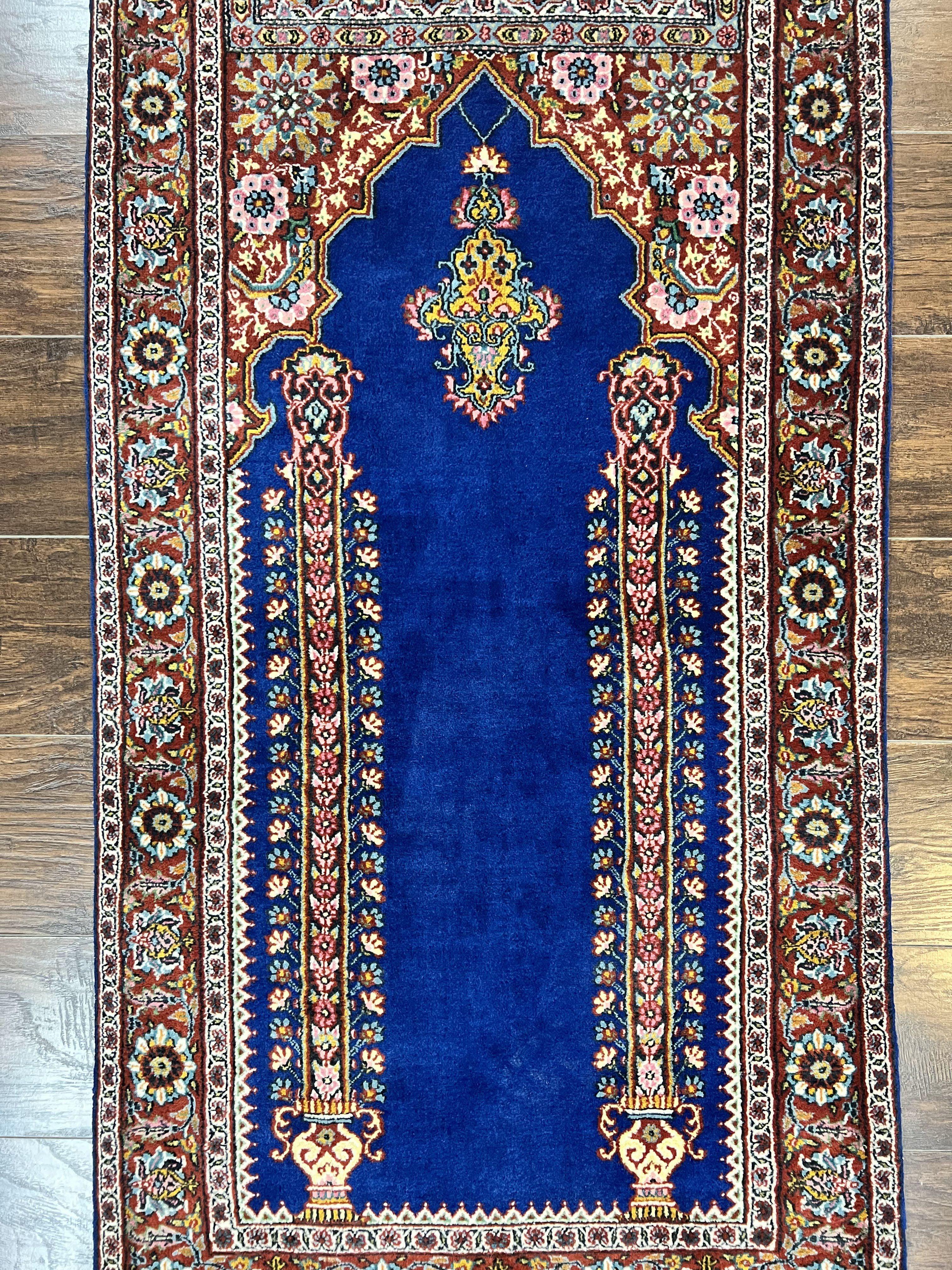 Indo Persian Prayer Rug 3x5, Fine Oriental Carpet, Dark Blue and Red, Vintage Hand Knotted Handmade Prayer Rug - Jewel Rugs