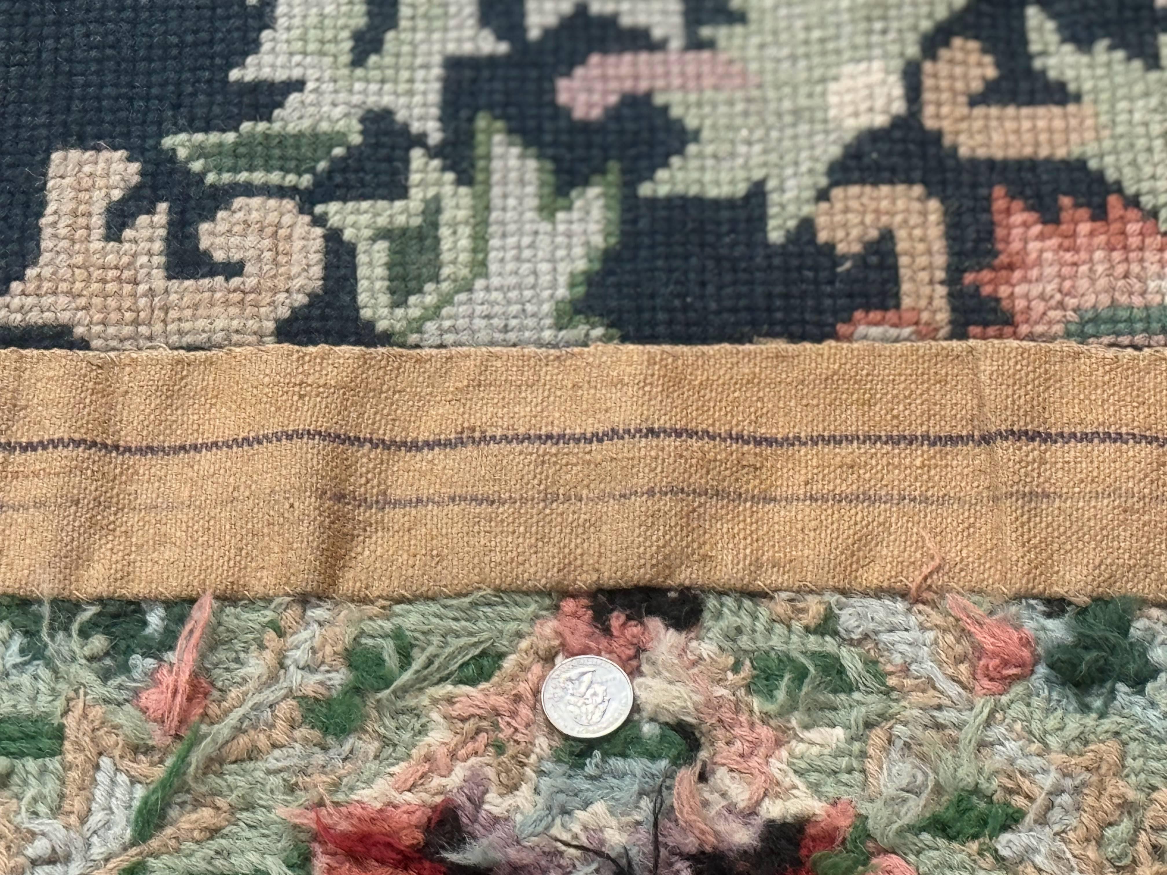 Vintage American Needlepoint Rug 4x6, Dark Green, Wool, Handmade, Flatweave Carpet - Jewel Rugs