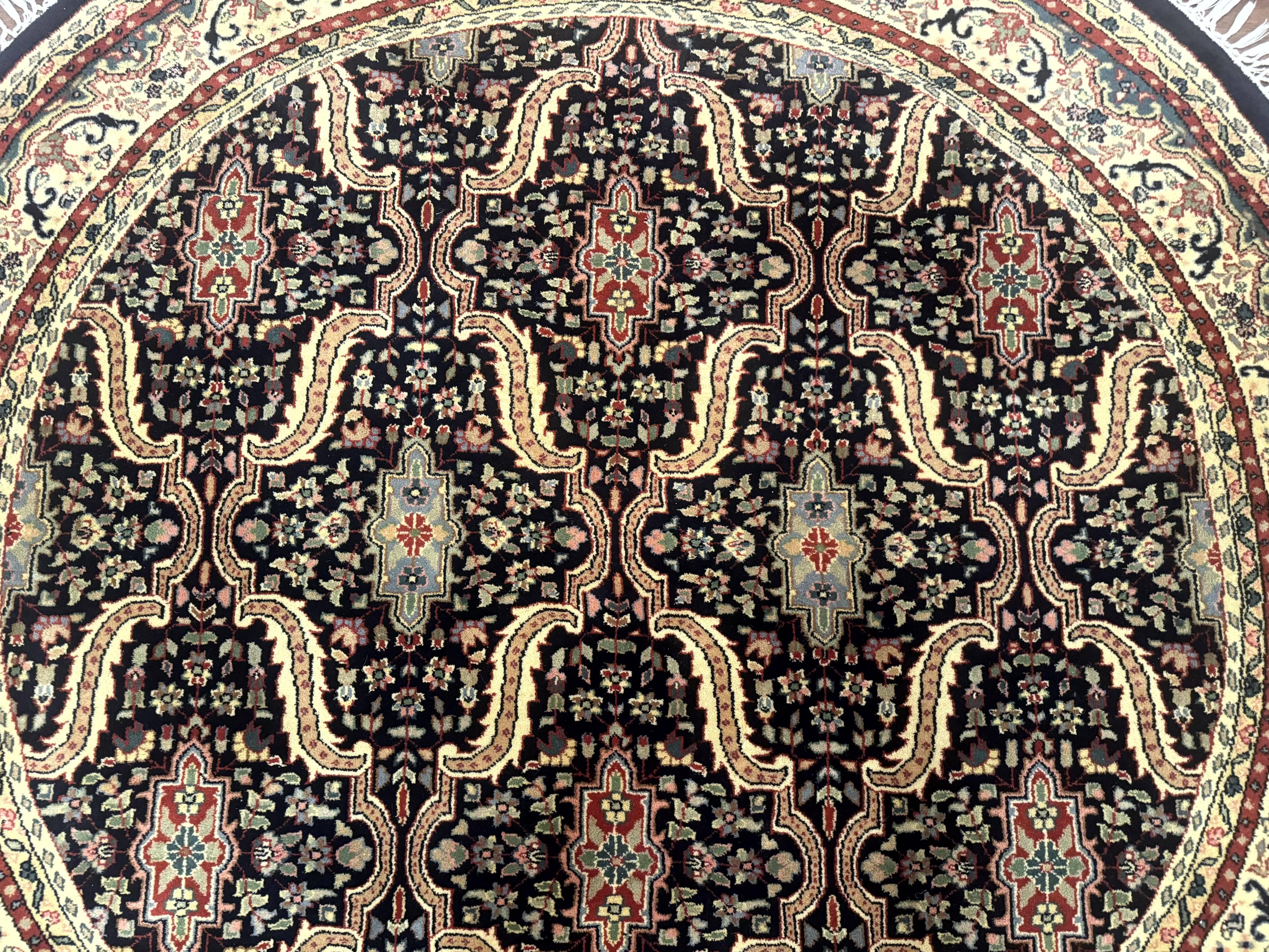 Round Indo Persian Rug 6x6, Indian Bidjar Rug, Navy Blue and Beige - Jewel Rugs