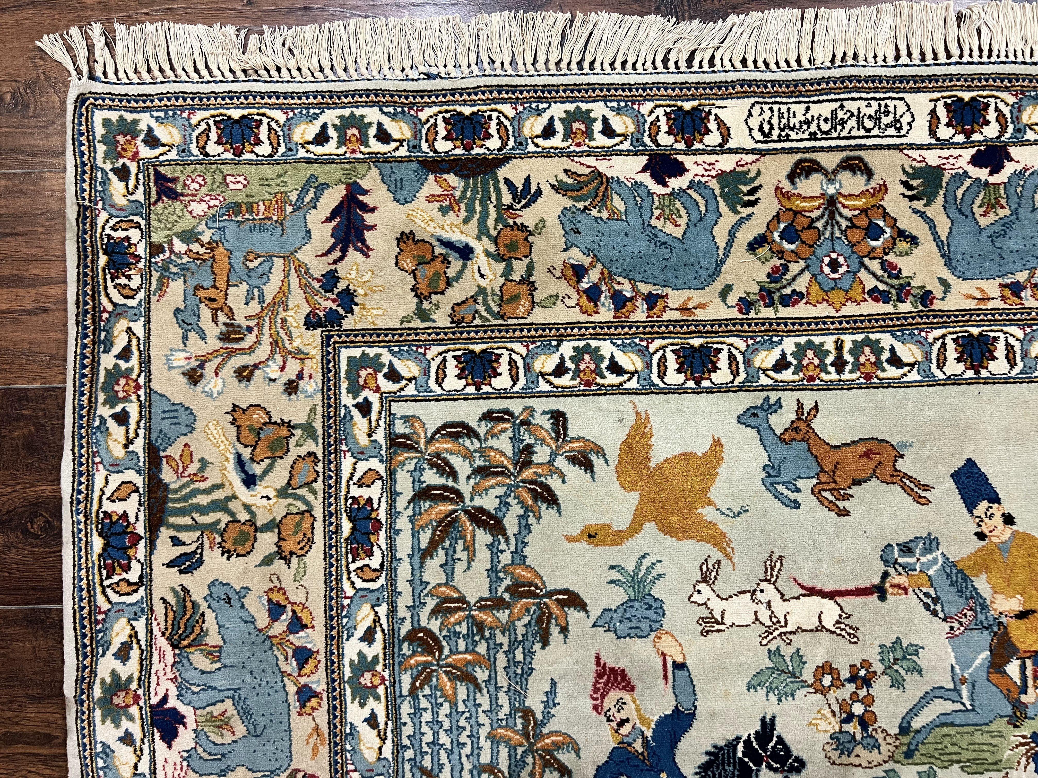 Persian Kashan Pictorial Rug 4.6 x 7, Hunting Scene, SIgned by Masterweaver, Animal Pictorials, Rare, Handmade, Wool, Vintage, Very Fine - Jewel Rugs