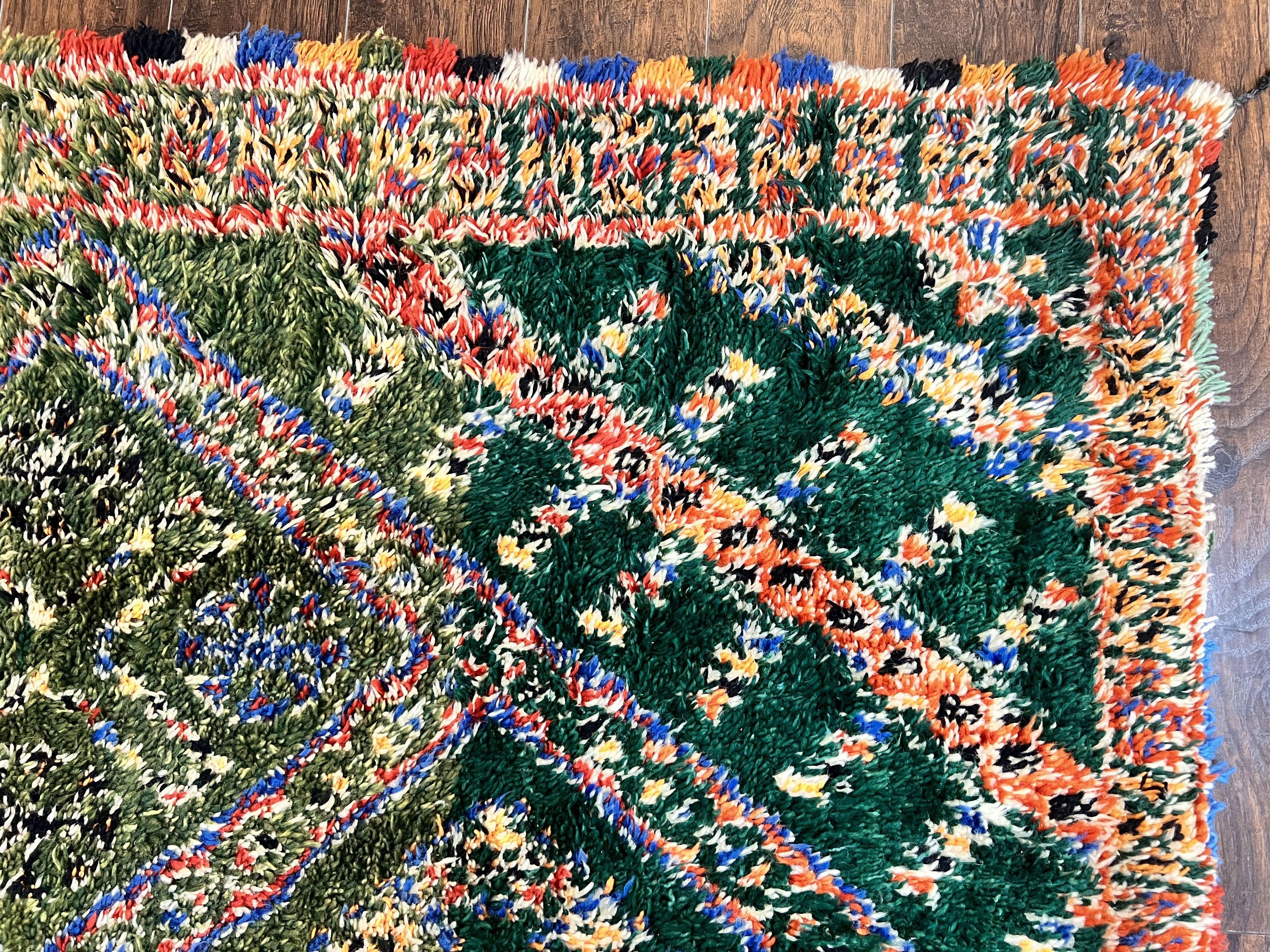 Large Moroccan Shag Rug 6x12, Green Multicolor Colorful Boho Rug, Handmade Hand Knotted Wool Carpet, Geometric Design, Vintage Rug - Jewel Rugs