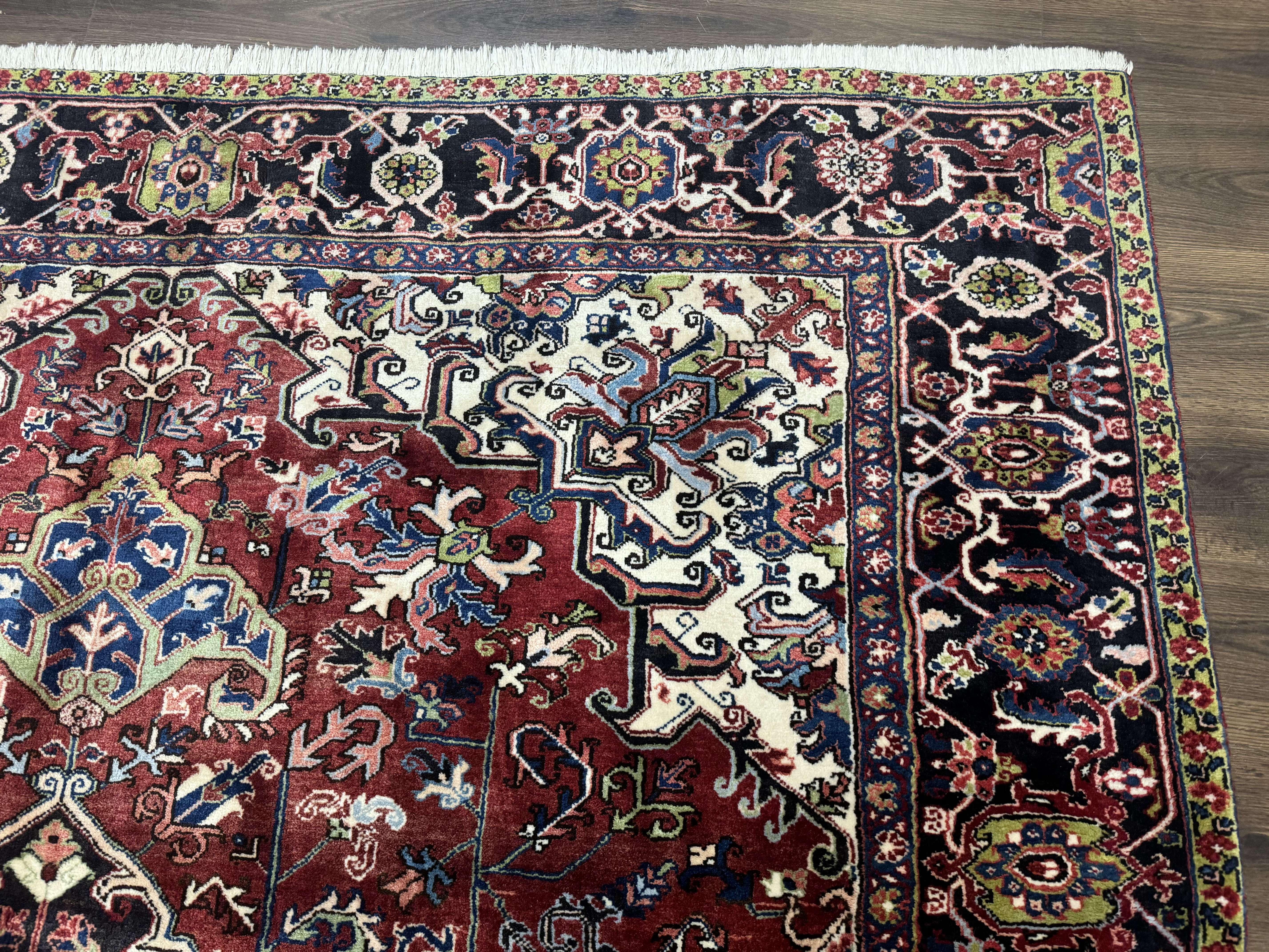 Antique Persian Heriz Rug 8x11, Geometric Tribal Wool Carpet, Brick Red - Jewel Rugs