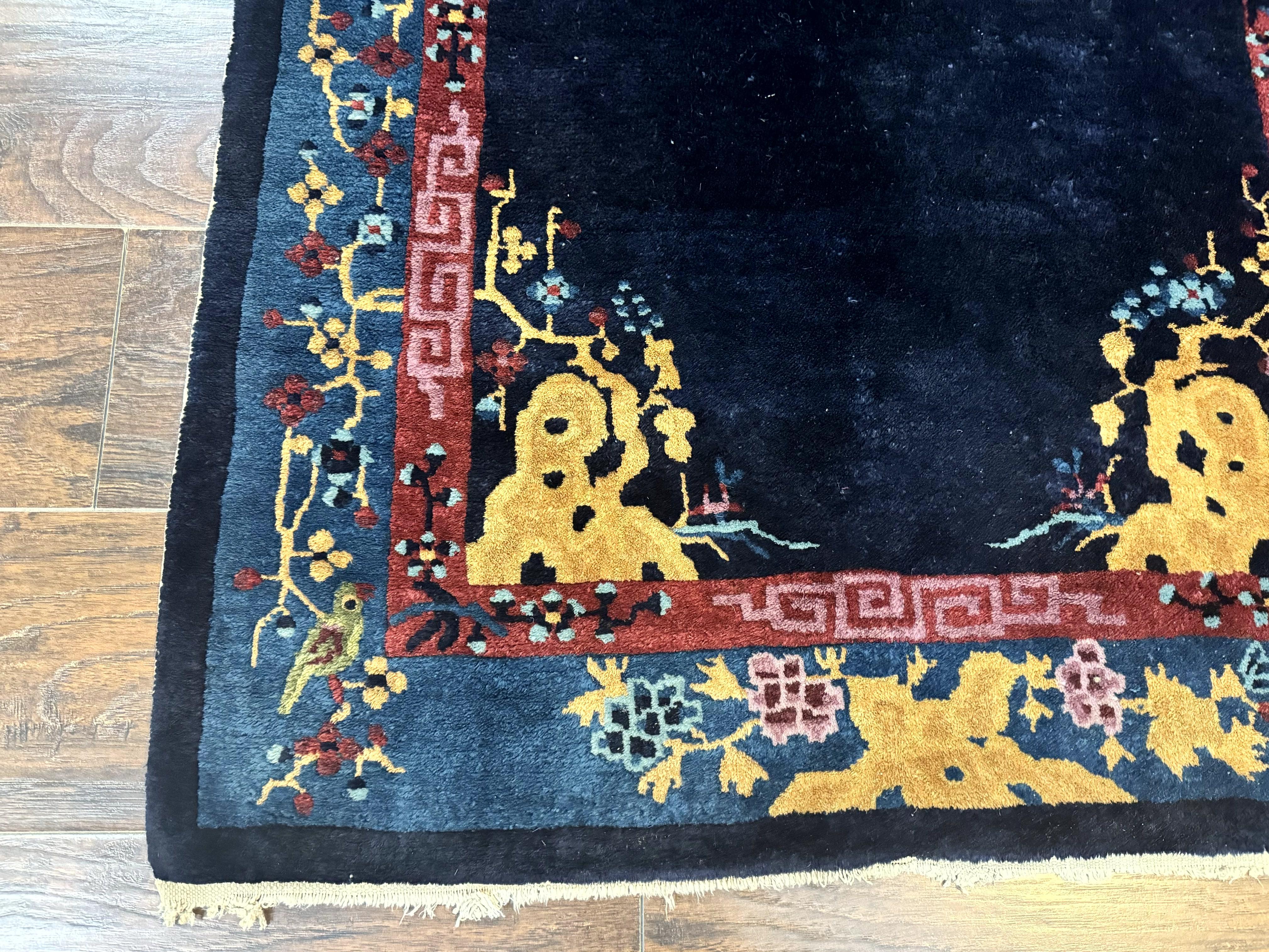 Antique Chinese Peking Rug 3x6, Dark Blue, Bird Motif, Handmade Wool Art Deco Asian Oriental Carpet, Pair A - Jewel Rugs