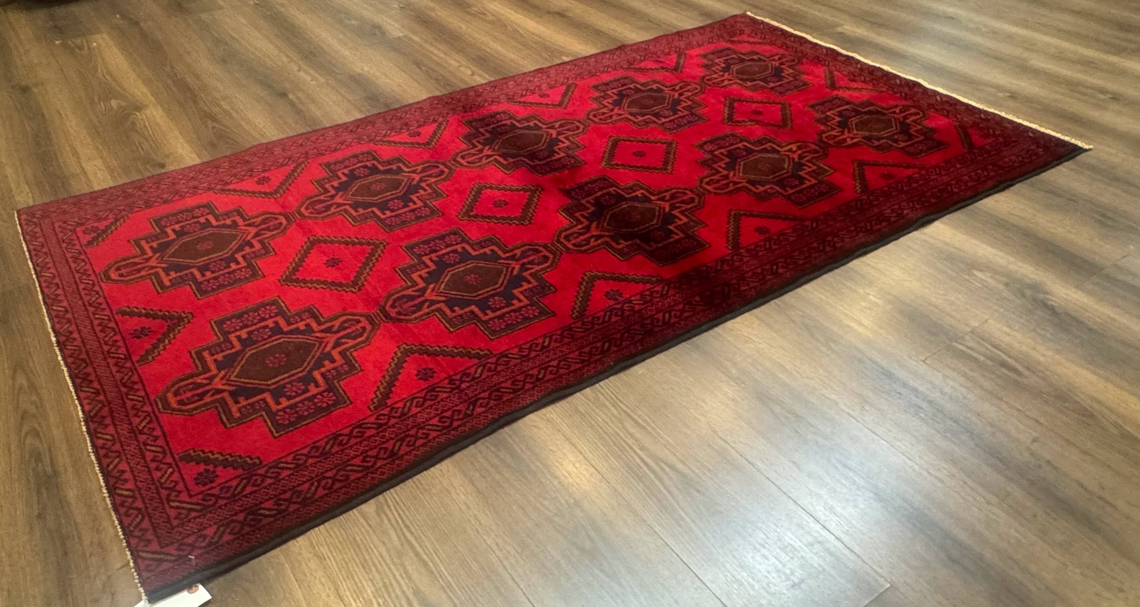 Afghan Rug 4x7, Tribal Carpet, Balouch Rug, Red and Navy Blue, Repeated Medallions, New - Jewel Rugs