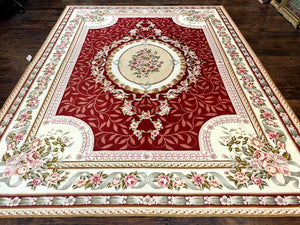 Wonderful Aubusson Rug 9x12, Handmade Vintage Needlepoint Carpet, Red and Ivory, Elegant European Design, Wool