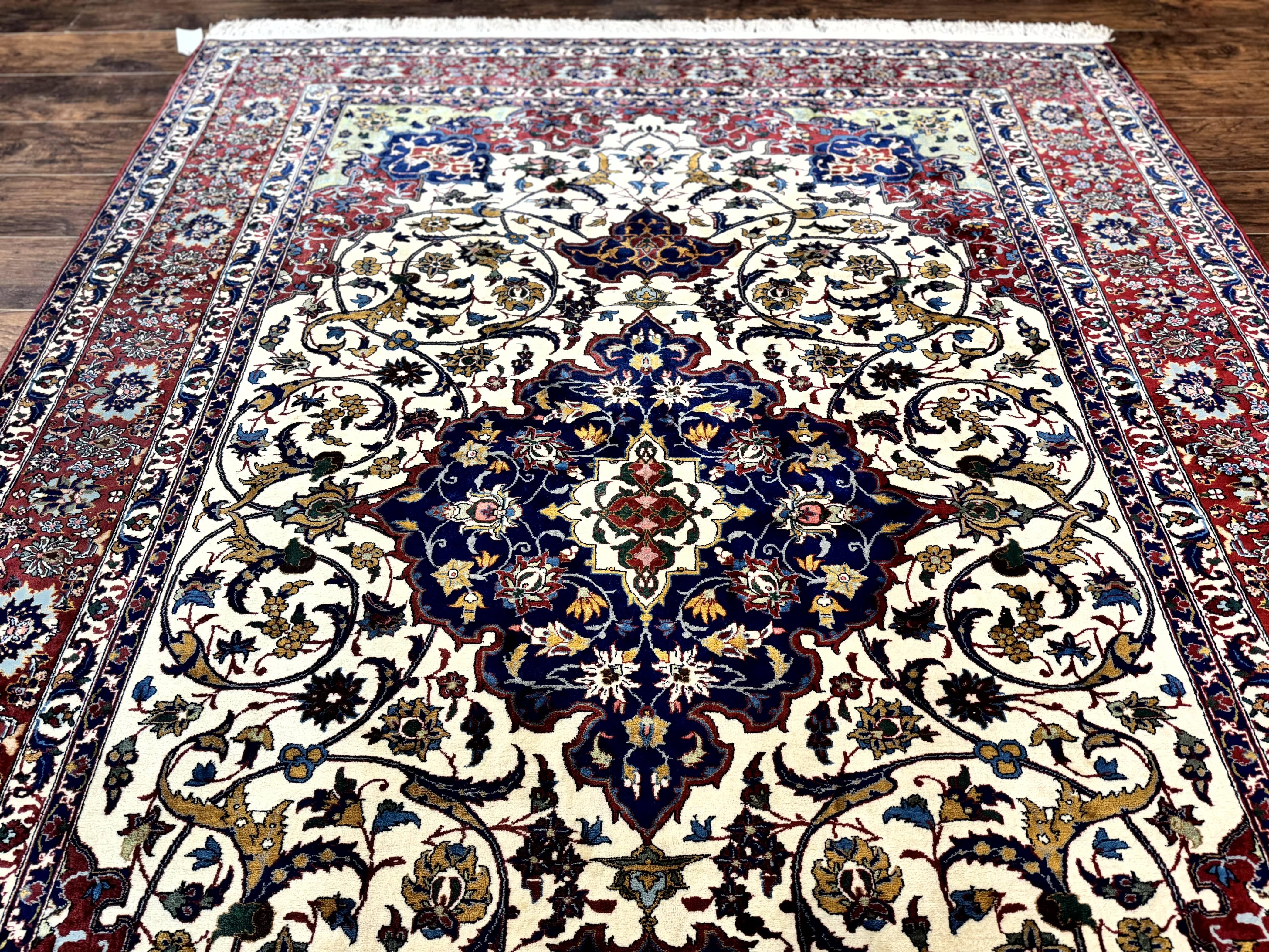 Wonderful Persian Isfahan Rug 7x9, Ivory Navy Blue Red, Floral Medallion, Very Finely Hand Knotted 260 KPSI, Handmade Wool Vintage Rug - Jewel Rugs