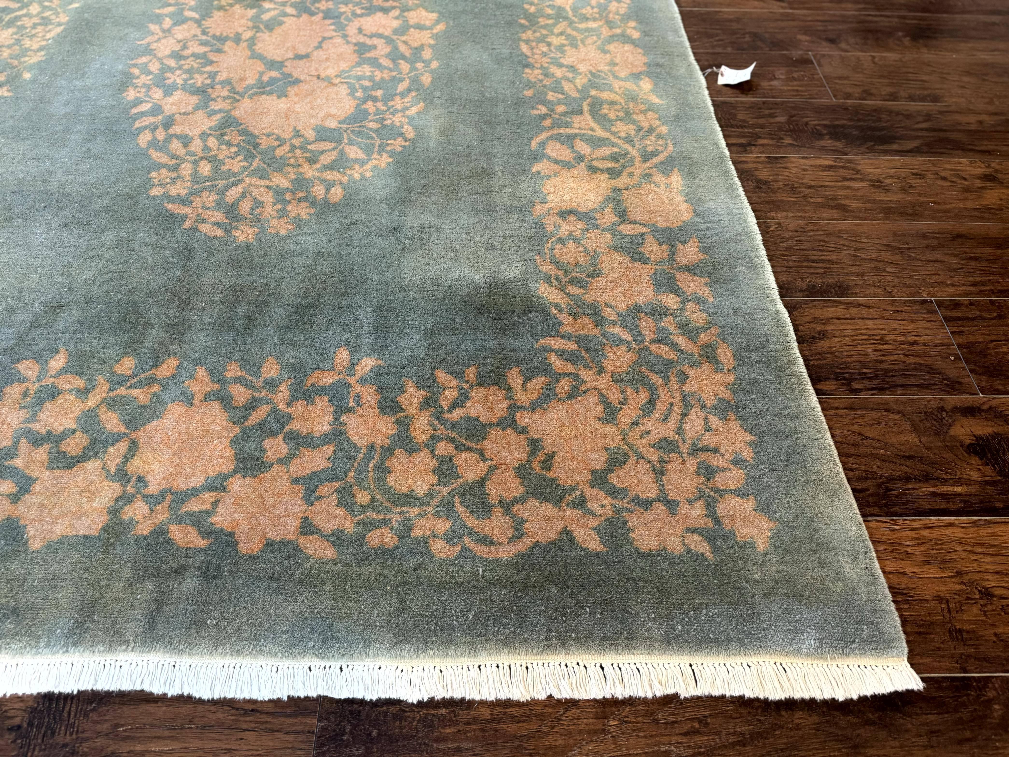 Teal Chinese Wool Rug 6x8, Vintage Handmade Carpet, Floral, Semi Open Field - Jewel Rugs