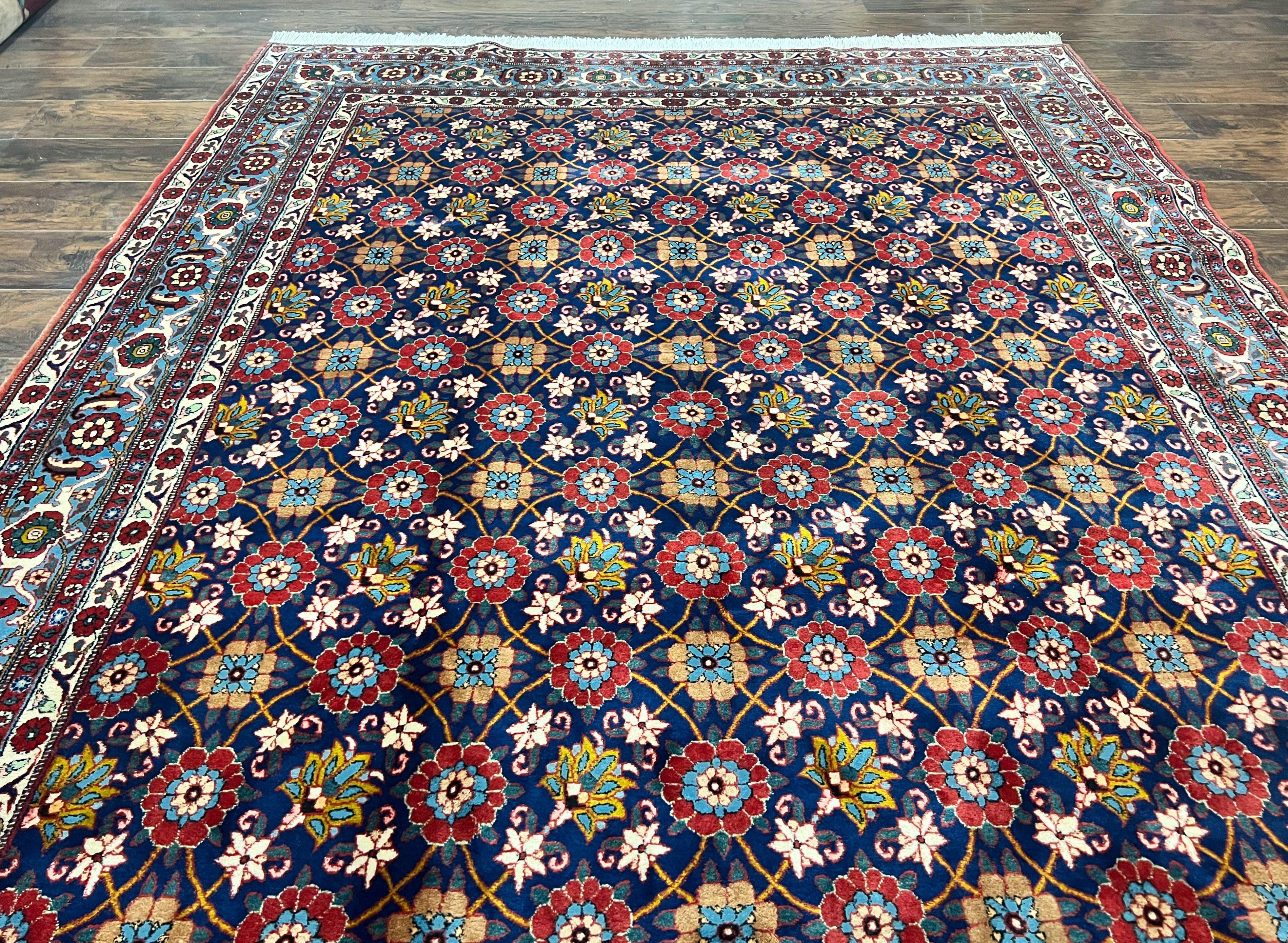 Persian Veramin Rug 7x11, Repeated Allover Pattern, Handmade Vintage Carpet, Navy Blue - Jewel Rugs