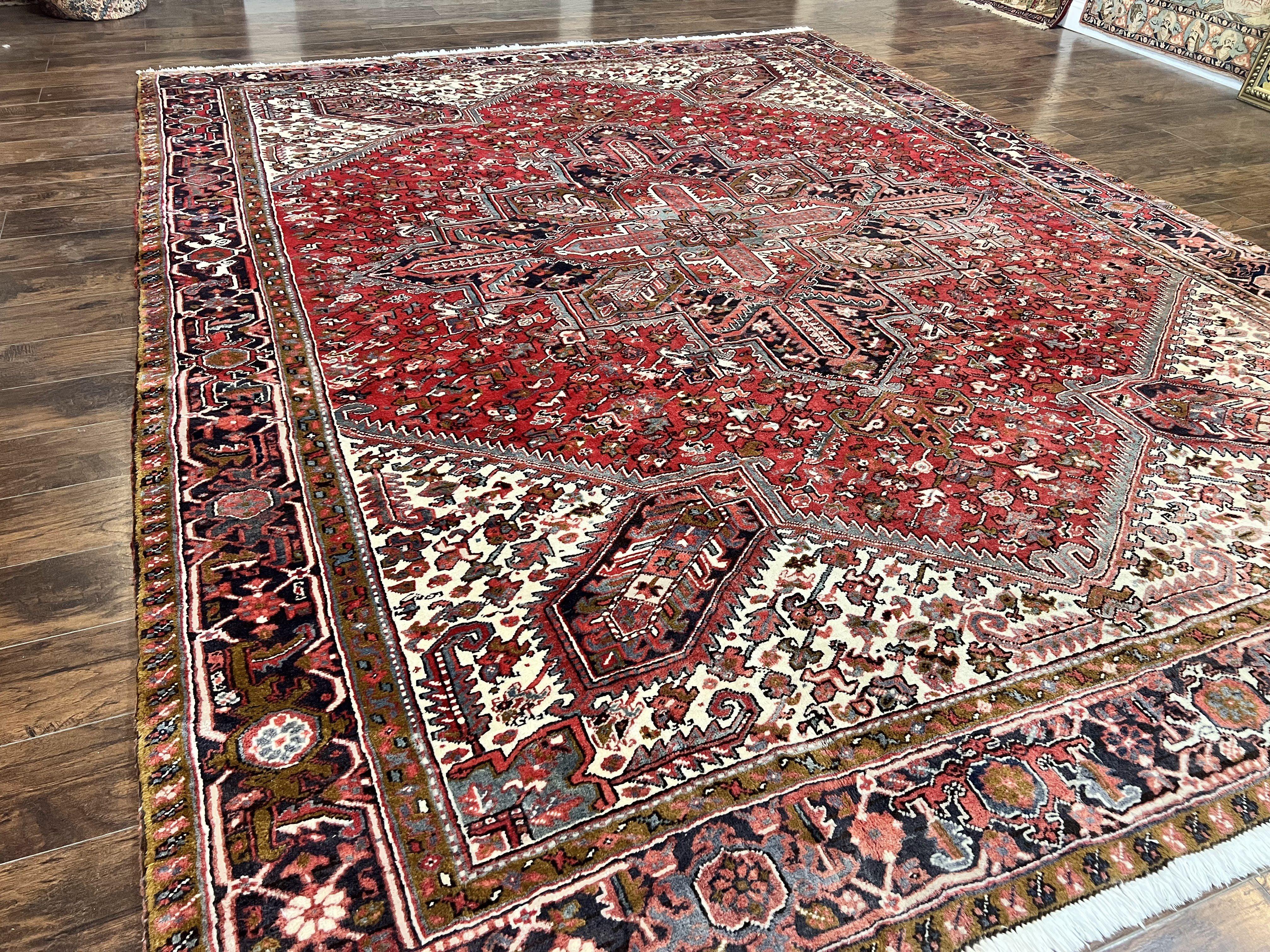 Large Persian Heriz Rug 10x13, Wool Hand Knotted Antique Carpet, Red and Ivory, Geometric Tribal Room Sized Rug, Decorative Oriental Rug - Jewel Rugs
