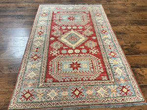 Turkish Kazak Rug 4x6, Handmade Vintage Wool Carpet, Geometric Design, Red and Light Blue