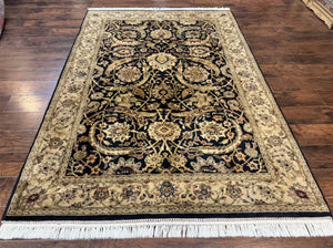 Indo Mahal Rug 6x9, Black and Beige Oriental Carpet, Floral Handmade Vintage Wool Rug, Indo Persian Rug