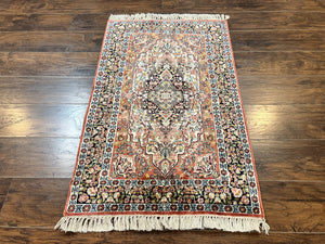 Small Silk Kashmiri Rug 2.6 x 4, Indo Persian Silk Carpet, Very Fine 380 KPSI, Floral Medallion Silk on Silk Rug, Indian Kashmir Rug Vintage