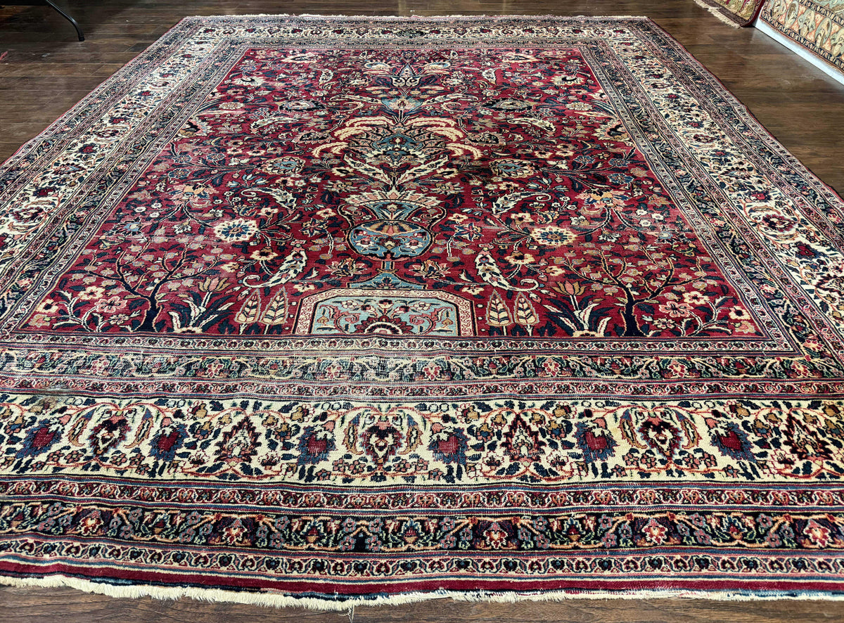 Antique Persian Rug 10x12, Red and Ivory, Signed By Master Weaver, Tra ...