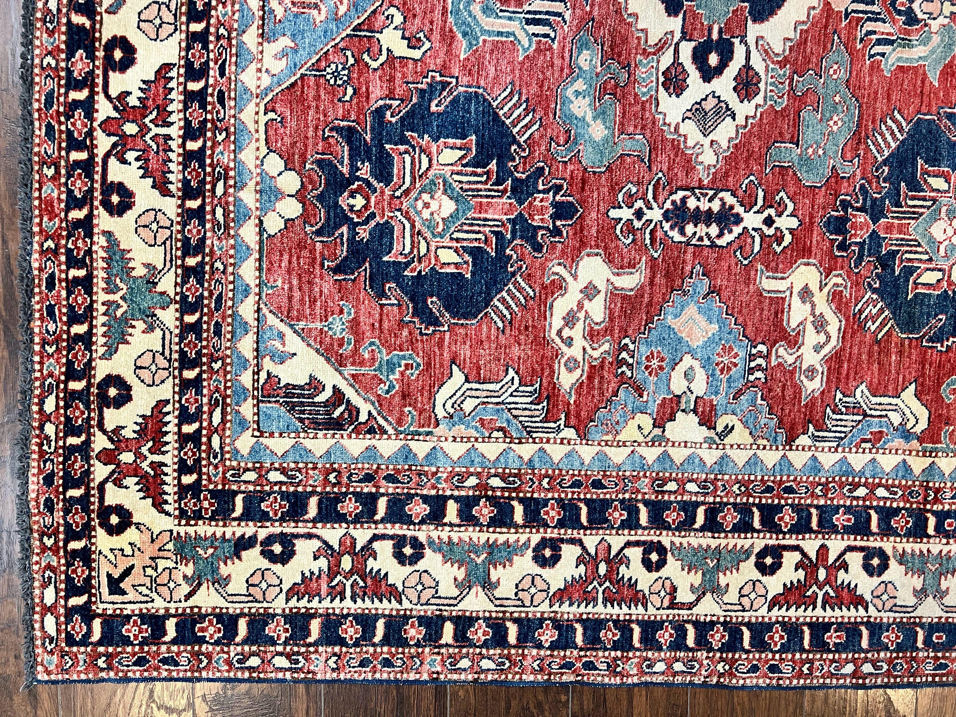 Turkish Heriz Rug 7x10, Wool Hand Knotted Handmade Room Sized Oriental Carpet, Red & Ivory, Vintage Geometric Oriental Rug 7 x 10 ft - Jewel Rugs