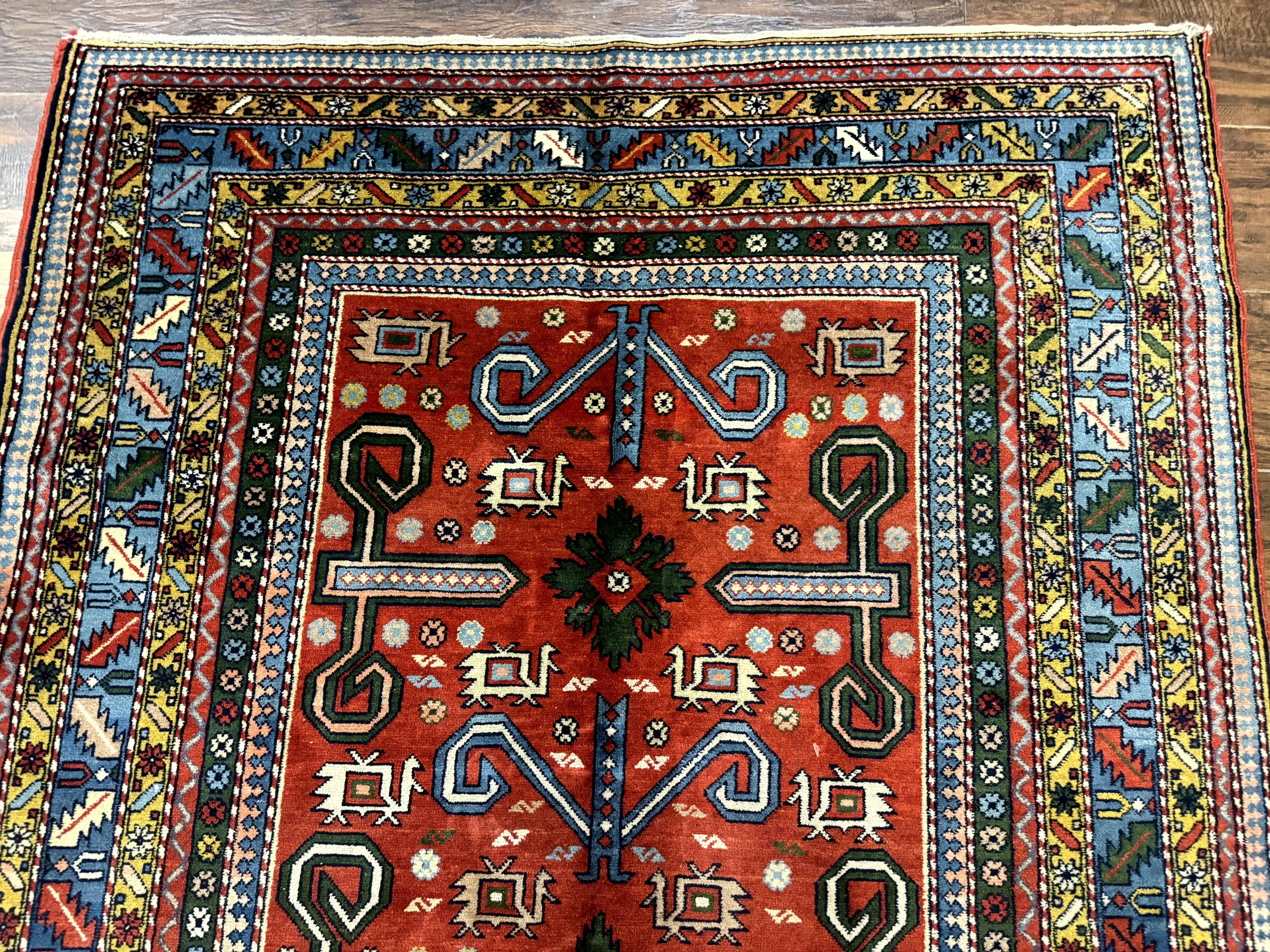 Colorful Persian Ardabil Rug 4x7, Red Blue Gold, Geometric Caucasian Design, Vintage - Jewel Rugs