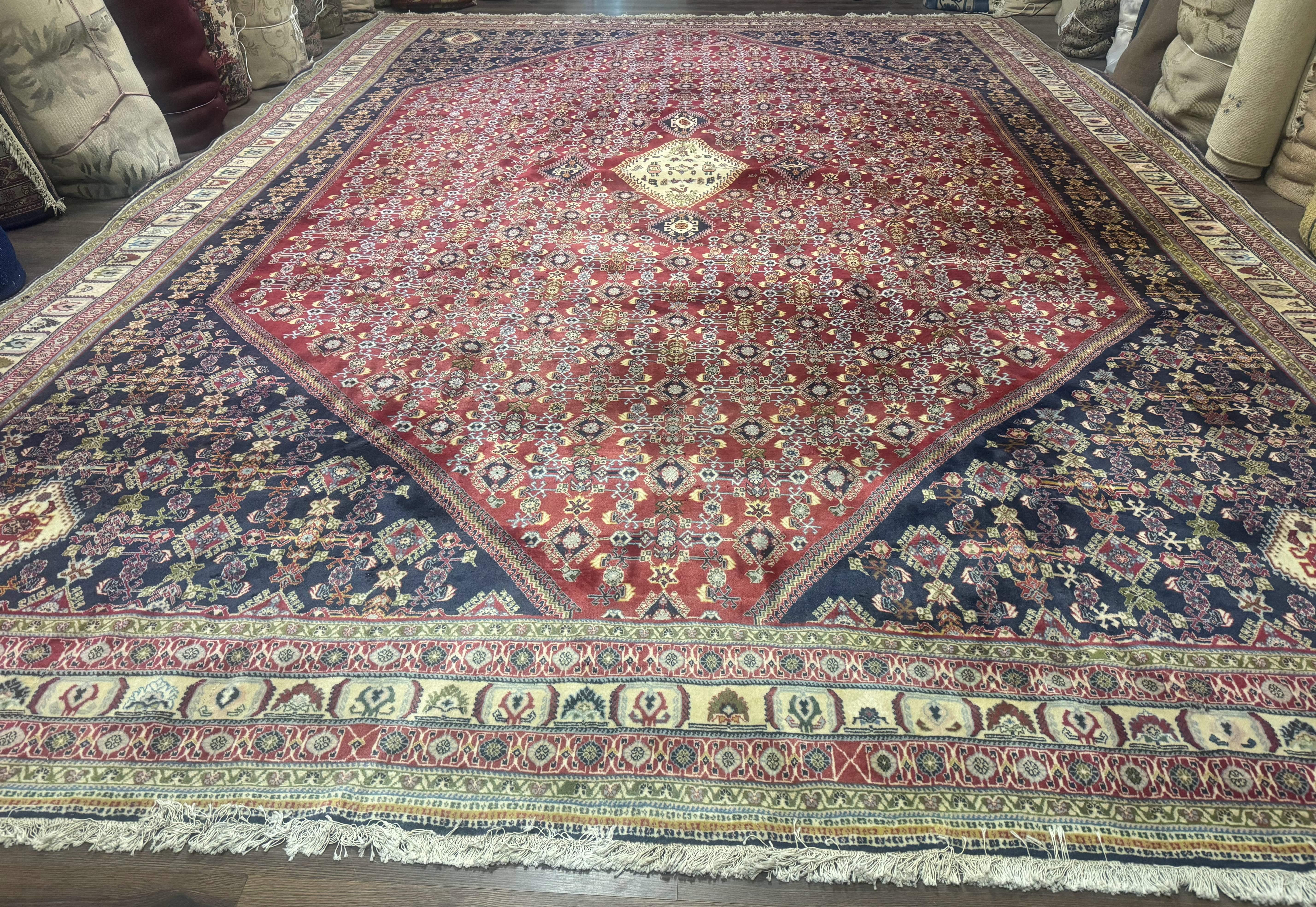 Palace Size Persian Shiraz Rug 13x19, Tribal Rug, Herati Pattern, Brick Red Navy Blue Beige, Oversized Persian Wool Area Rug, Extra Large - Jewel Rugs