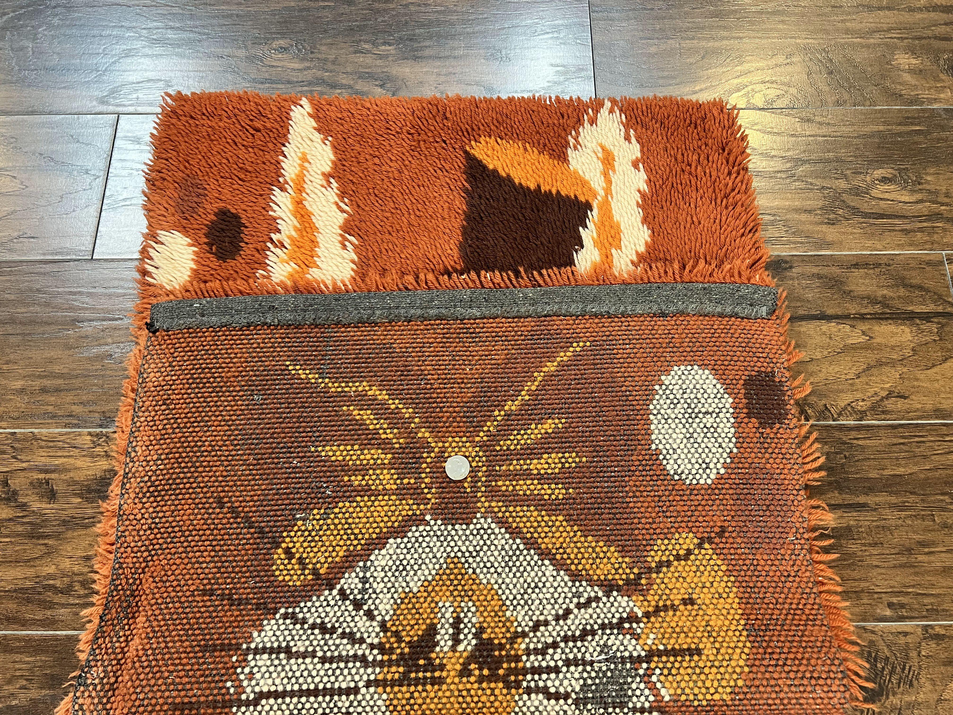 Rya Shag Rug 2x4, Rabbit in Top Hat, Wool, Orange, Vintage 1960s Danish Shag Rug - Jewel Rugs
