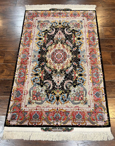 Wonderful 3x5 Persian Tabriz Rug, 650 KPSI, Kork Wool on Silk Foundation, Hand Knotted, Black and Red, Signed by Master Weaver, Floral Medallion