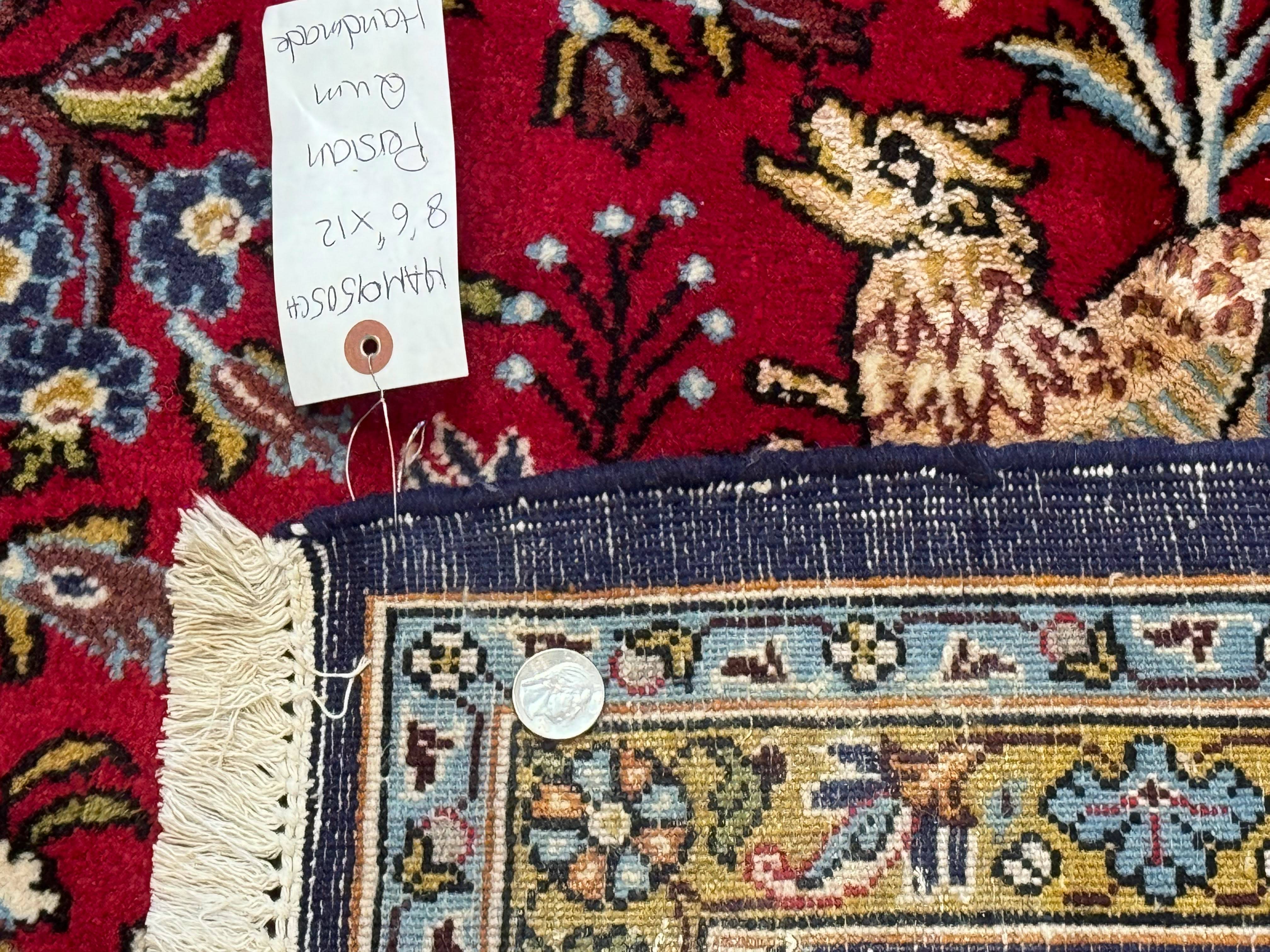 Persian Qum Rug 9x12, Animal Pictorials, Deer Birds, Tree of Life, Red and Navy Blue - Jewel Rugs