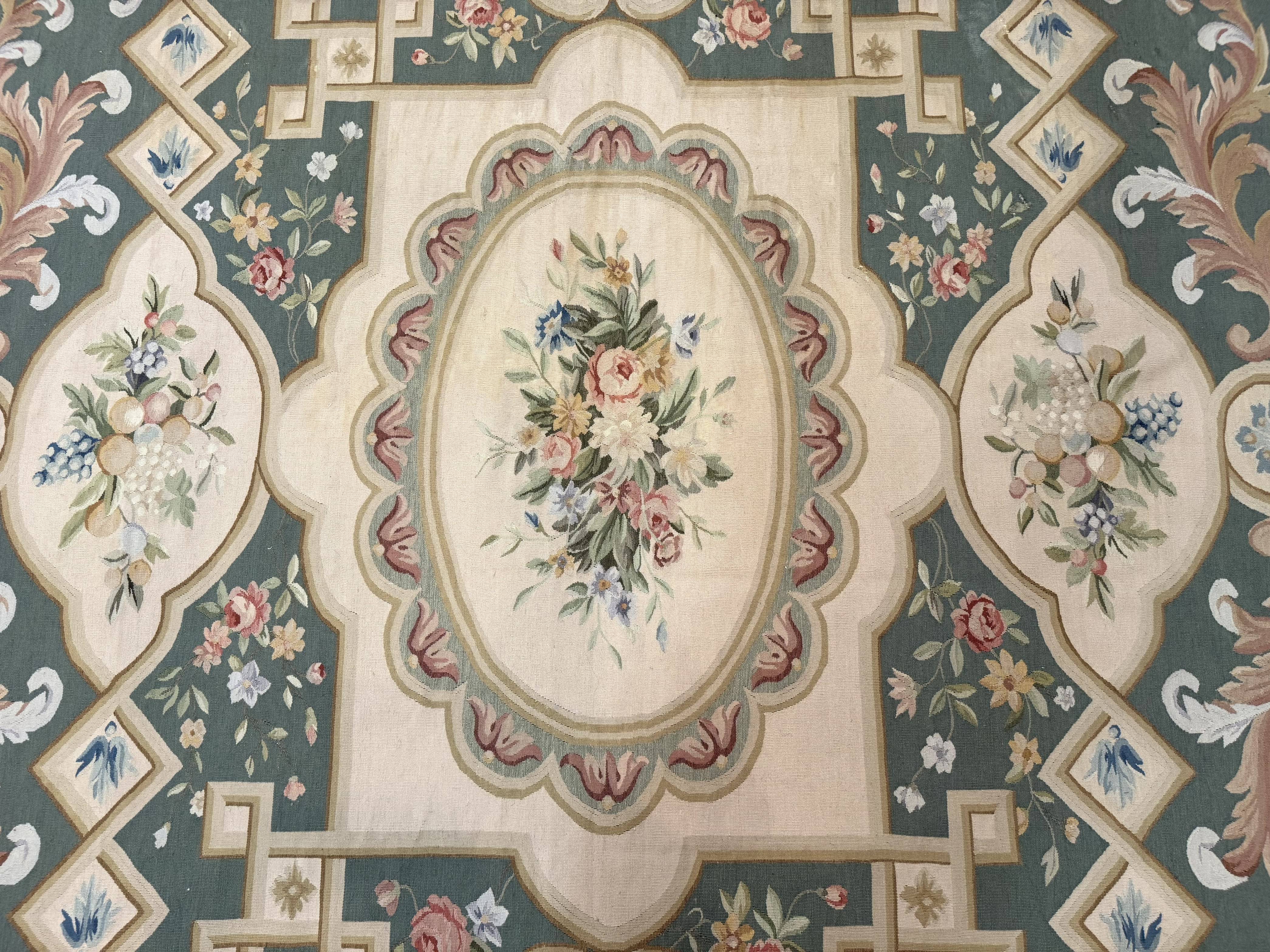 Aubusson Rug 9x12, Muted Sage Green and Cream, European Design - Jewel Rugs