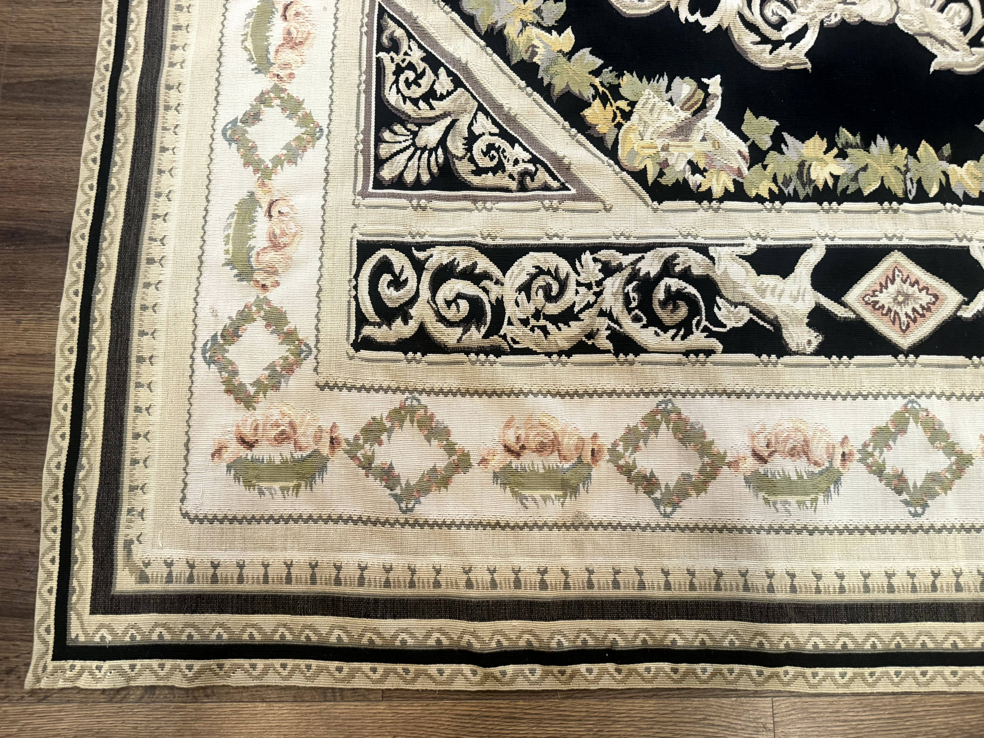 Aubusson Rug 6x8, European Design, Lion Pictorials, Black - Jewel Rugs