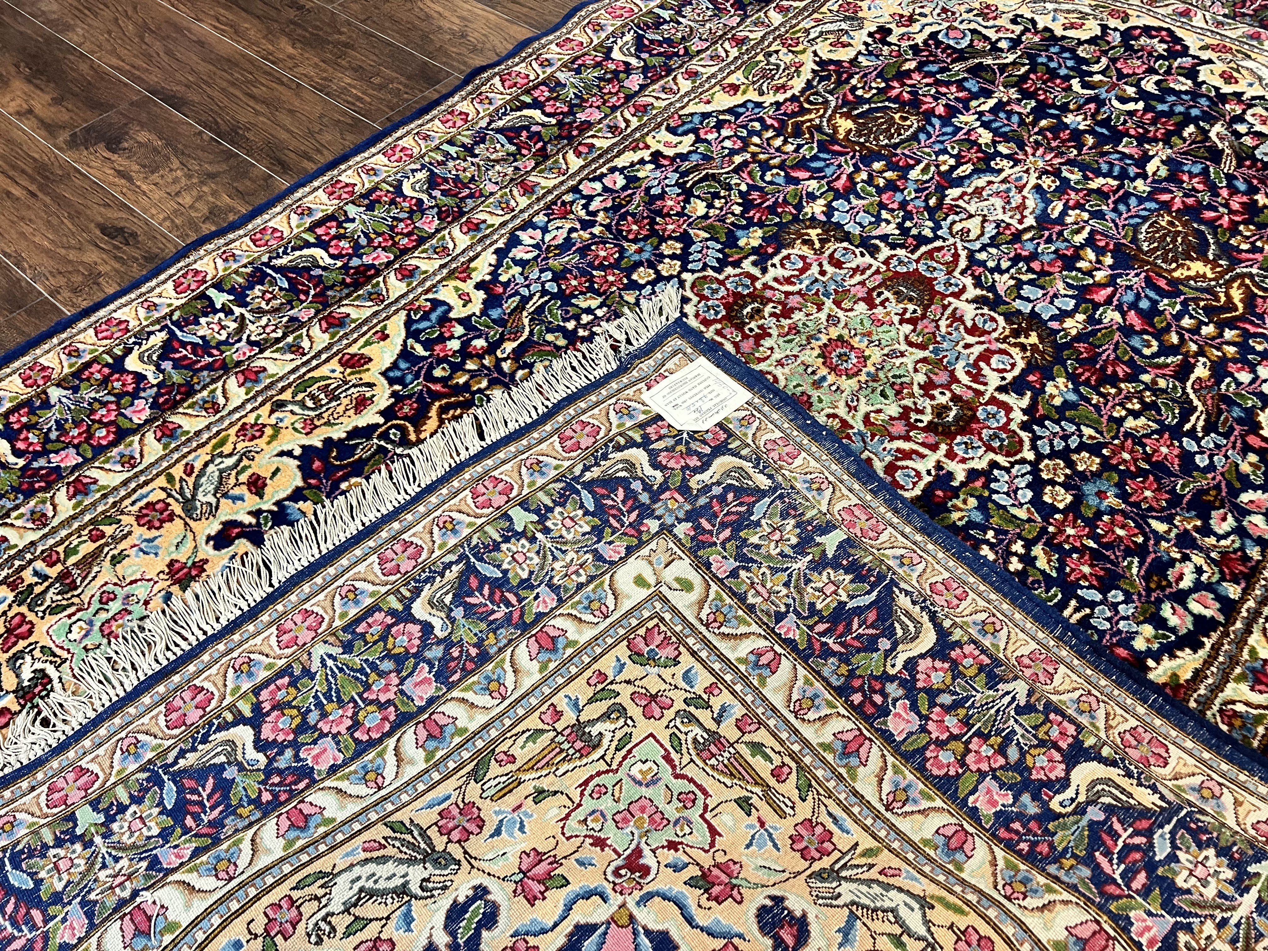 Persian Kirman Rug 6x9, Floral Medallion Vintage Wool Handmade Carpet 6 x 9, Animal Pictorials Birds, Semi Antique, Navy Blue, Millefleur - Jewel Rugs