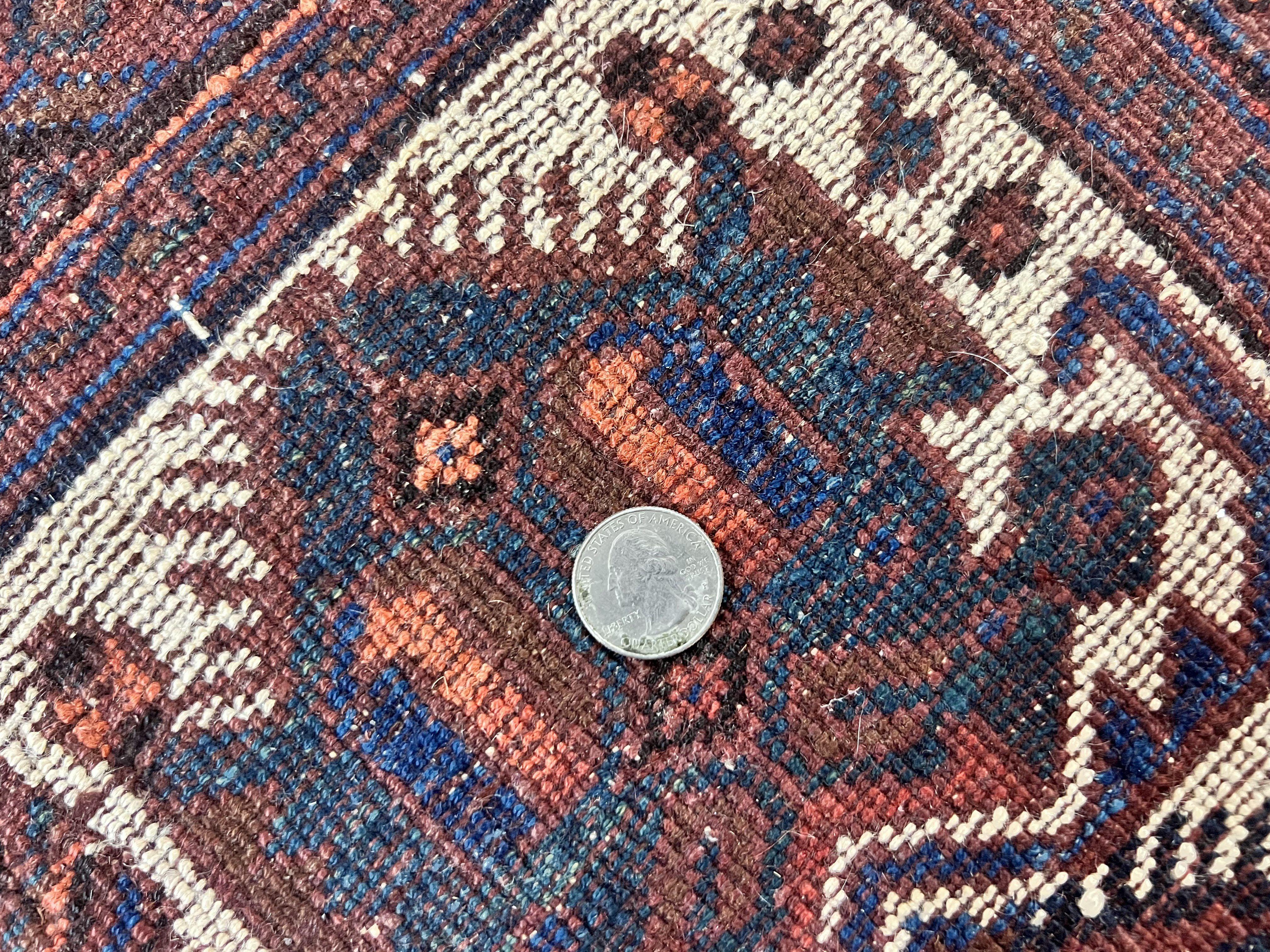 Persian Afshar Rug 4x5, Repeated Motif, Ivory & Burgundy, Wool Tribal Oriental Carpet, Handmade Vintage Semi Antique Medium Sized Rug - Jewel Rugs