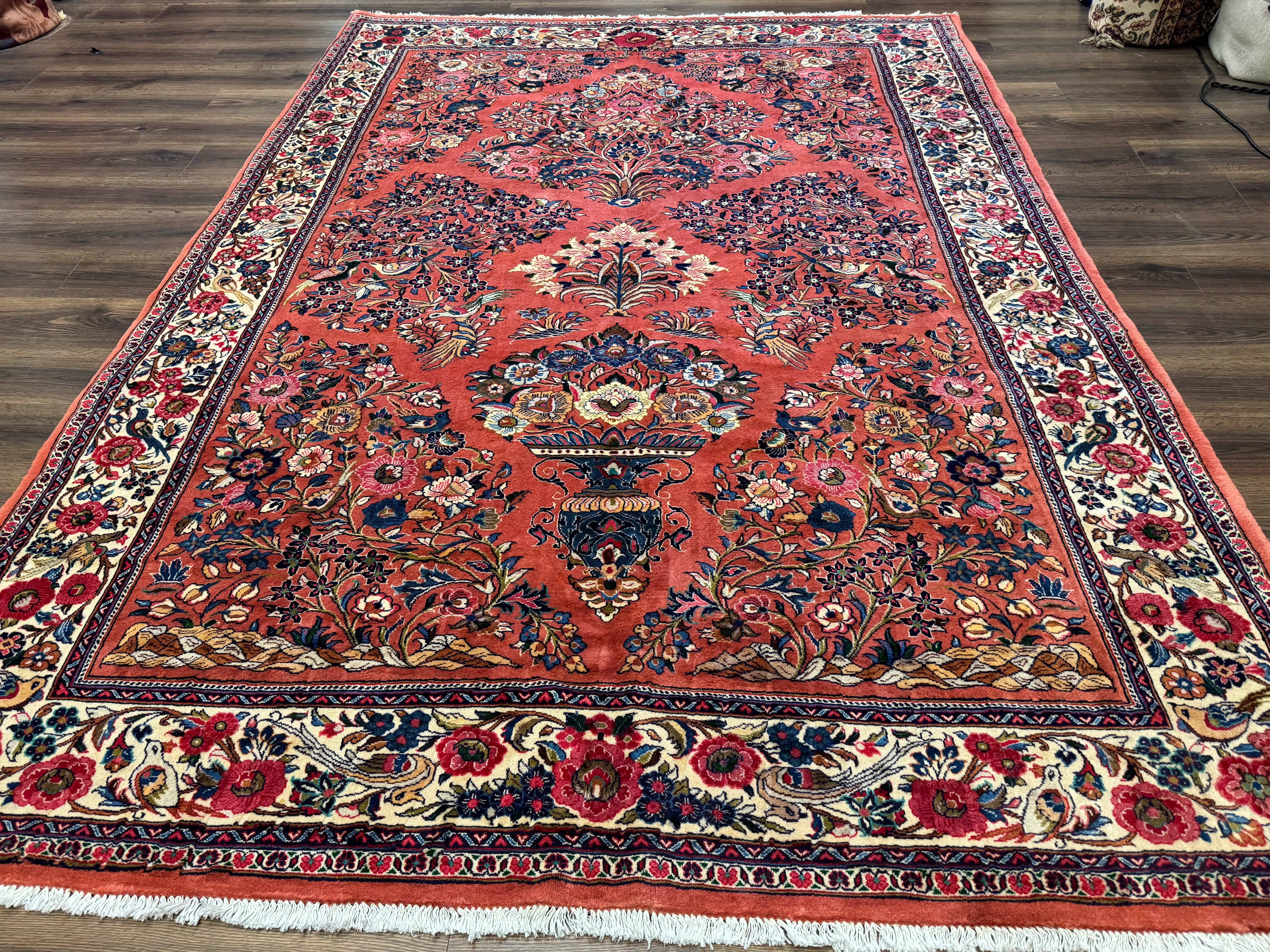 Persian Sarouk Rug 7x10, Red and Ivory, Floral Bouquets, Birds - Jewel Rugs