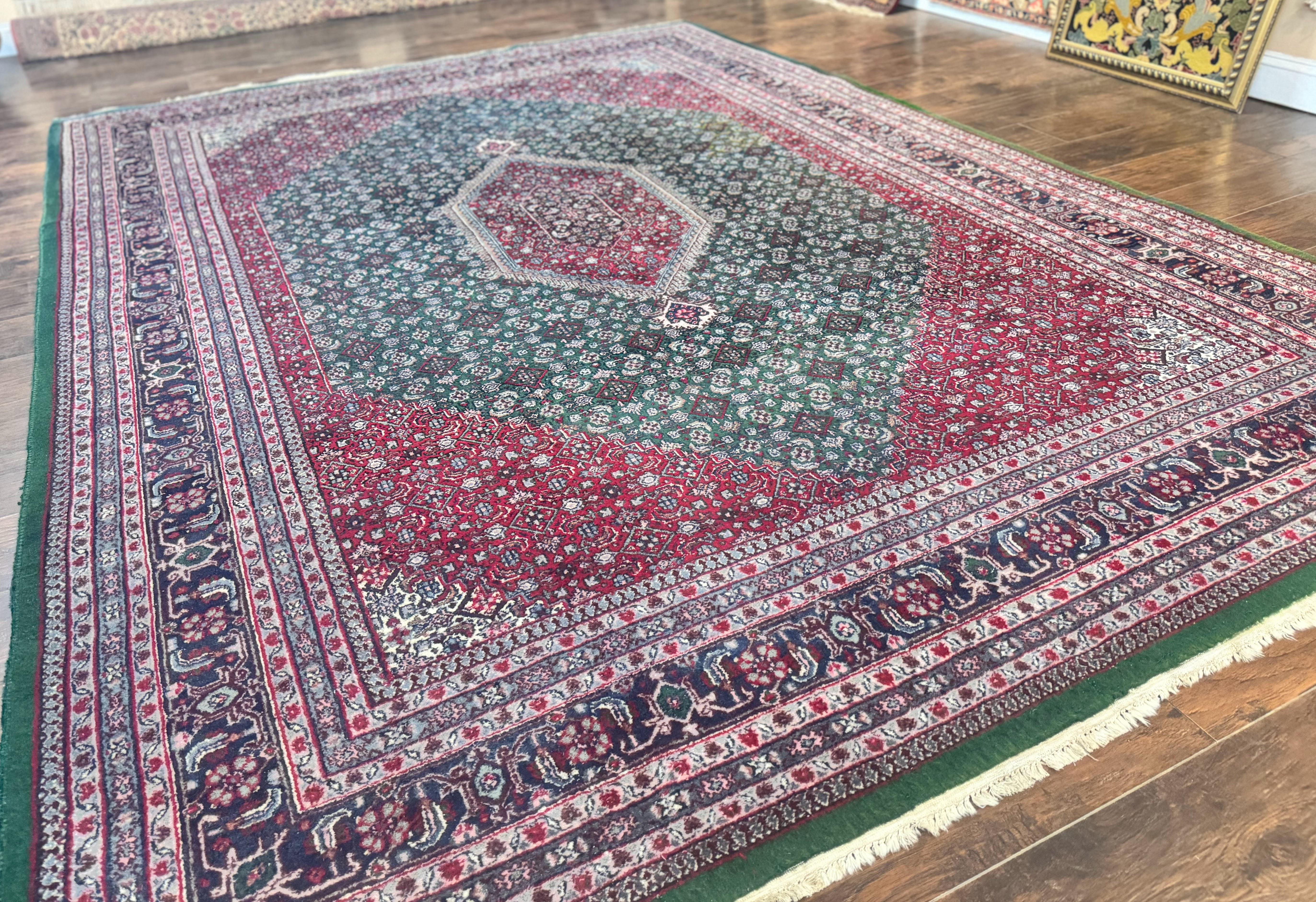 Indo Persian Bidjar Rug 8x11, Green and Red, Herati Pattern, Vintage Handmade Wool Oriental Carpet - Jewel Rugs
