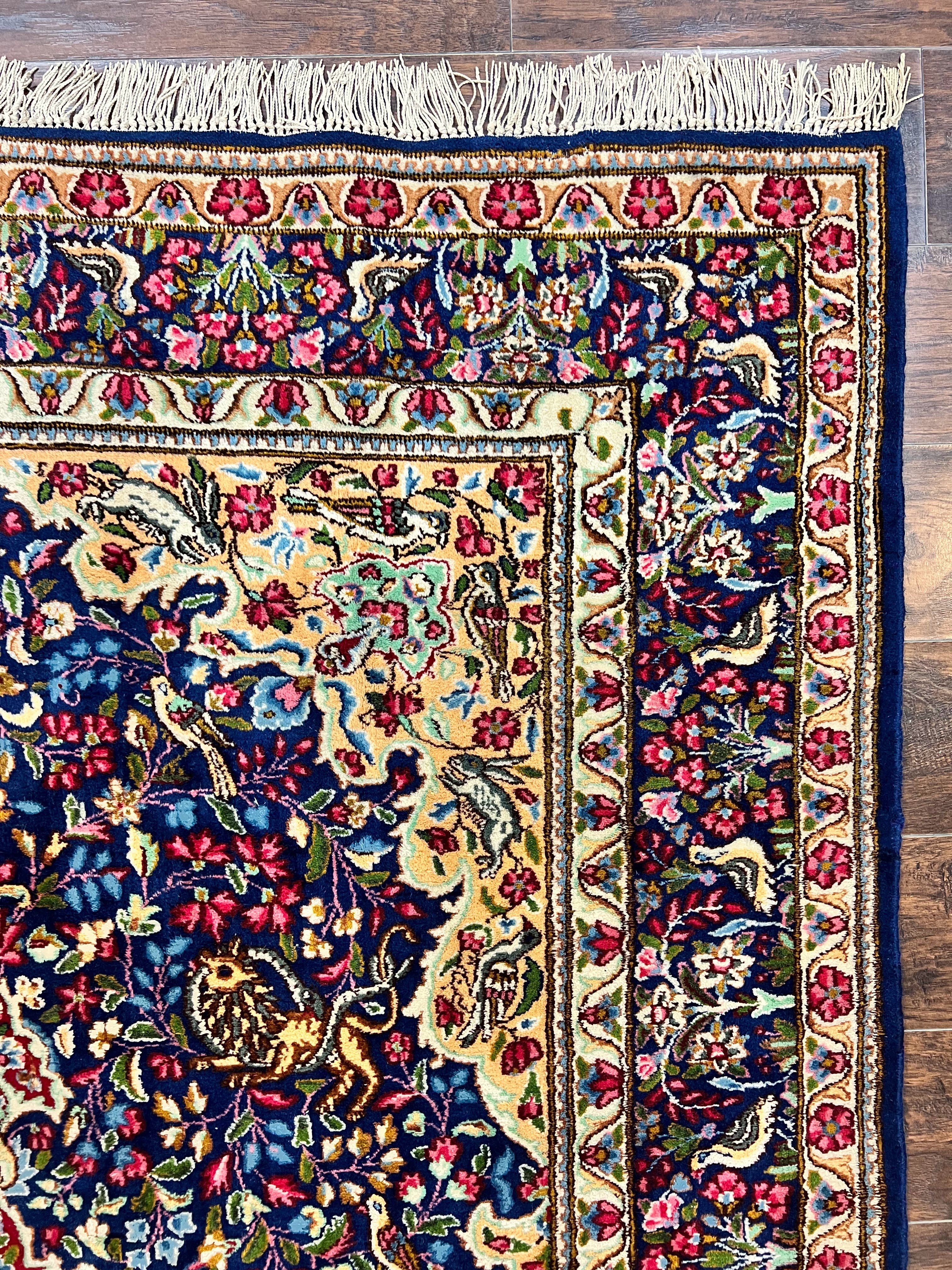 Persian Kirman Rug 6x9, Floral Medallion Vintage Wool Handmade Carpet 6 x 9, Animal Pictorials Birds, Semi Antique, Navy Blue, Millefleur - Jewel Rugs
