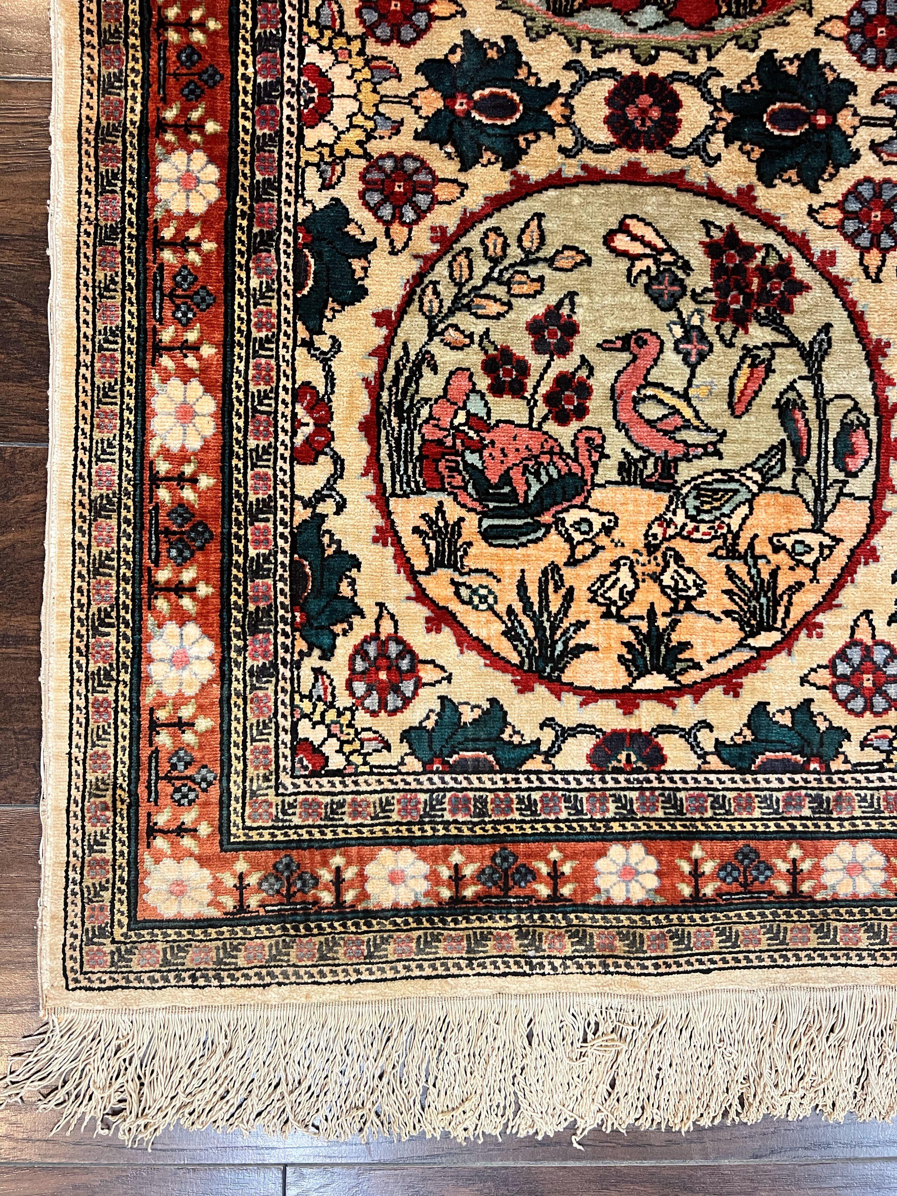 Silk Turkish Rug 2x4, Fine Handmade Oriental Rug, Animal Pictorial Birds Silk Pile on Silk Foundation Vintage Hand Knotted Hereke Carpet - Jewel Rugs
