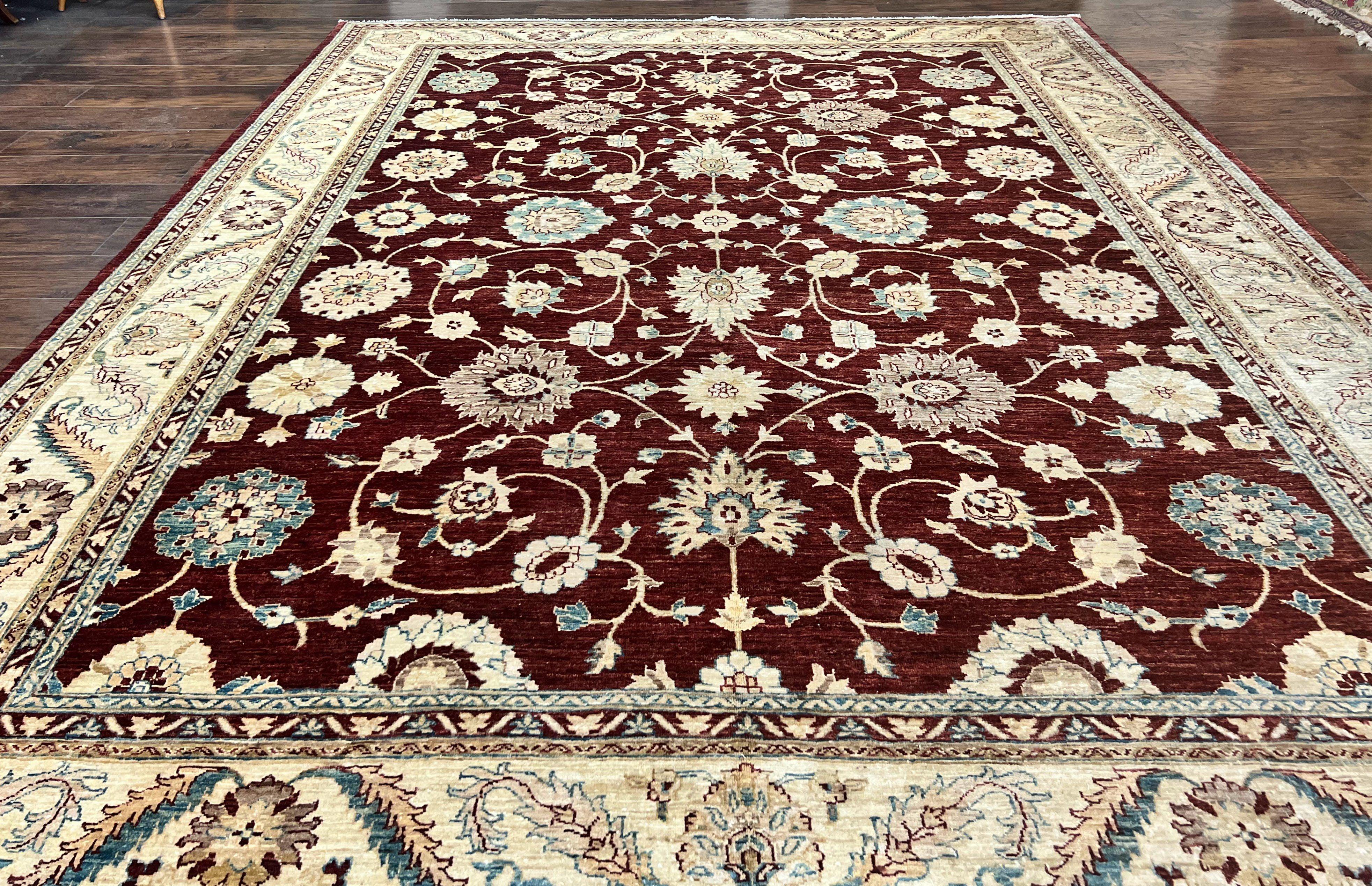 Peshawar Rug 9x11, Pakistani Oriental Carpet, Maroon and Beige, Floral Allover, Wool Hand Knotted Handmade Vintage Rug - Jewel Rugs
