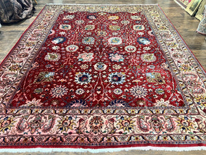 Persian Tabriz Rug 10x12, Floral Allover, Handmade Vintage Wool Carpet, Red and Cream