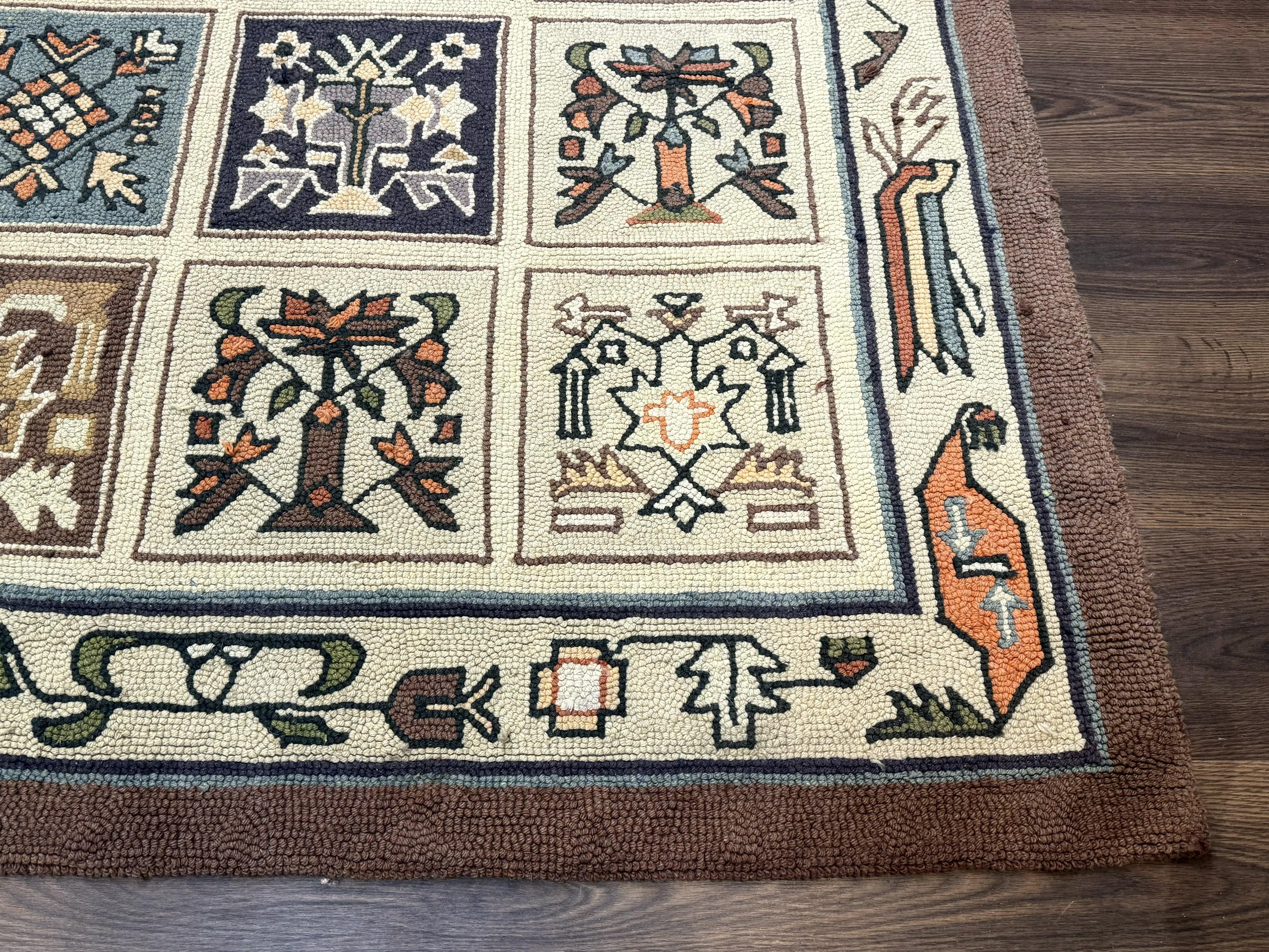 Hooked Rug 8x11, Vintage, American Vintage Hand Hooked Area Rug, Multicolor Panel, Rare - Jewel Rugs