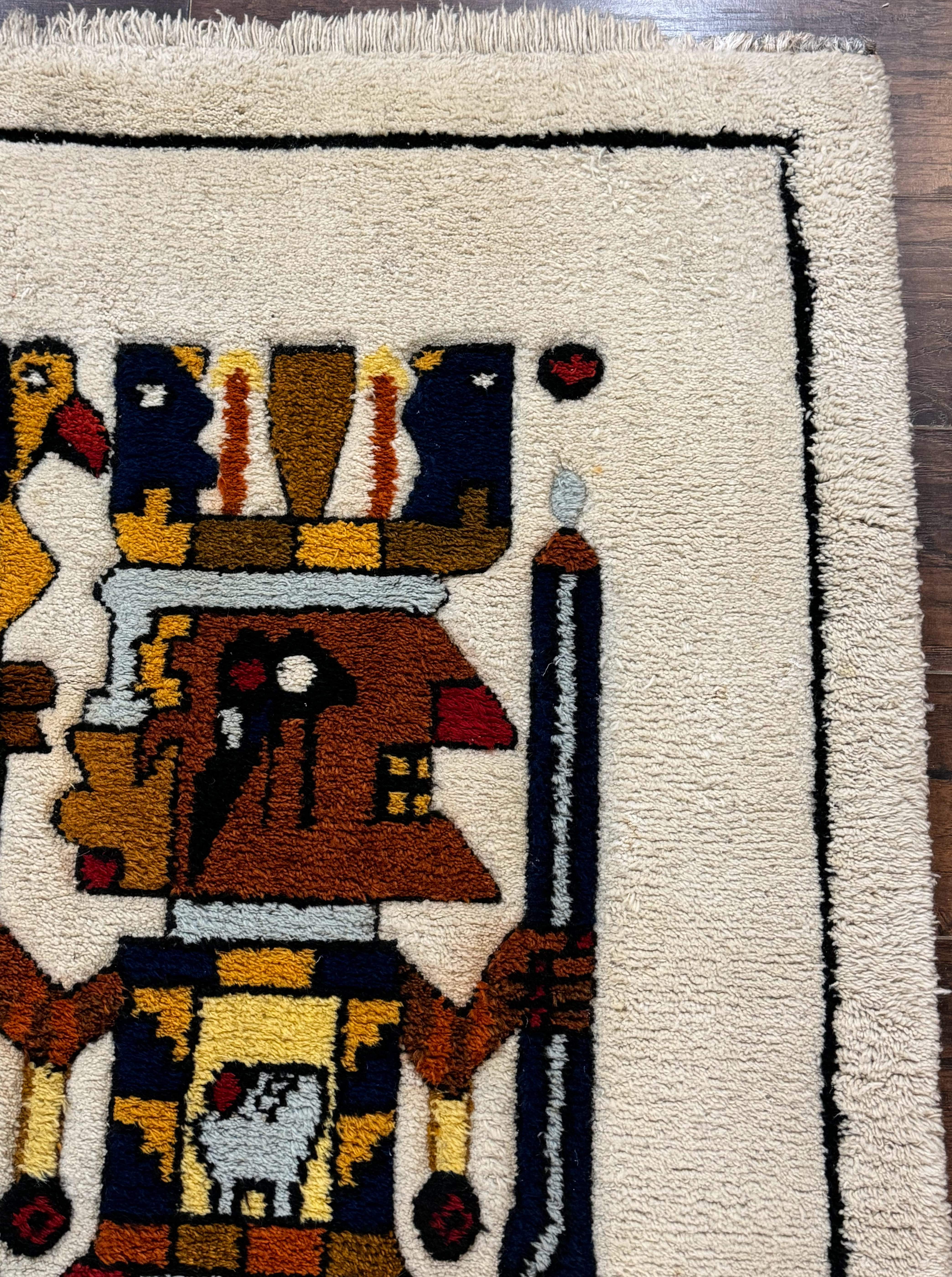 South American Shag Rug 3x5 – Ivory, Pictorial, Vintage Peruvian Native American Wool Rug - Jewel Rugs