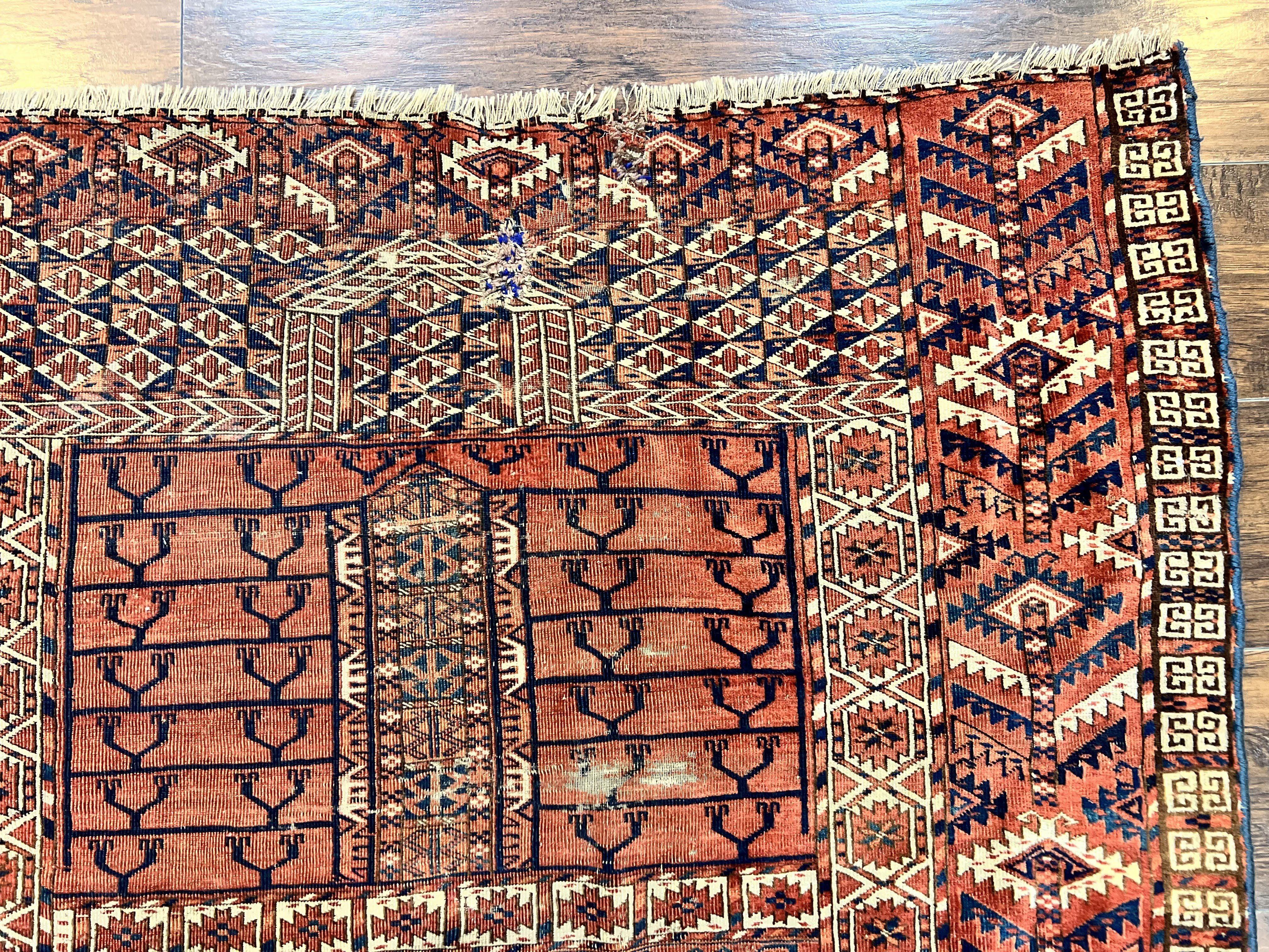 Antique Turkoman Rug 4x4, Hatchli Square Carpet, Wool Handmade Four Season Yamud Design Rug, Red Bohemian Tribal Rug, Engsi Tekkeh Rug - Jewel Rugs