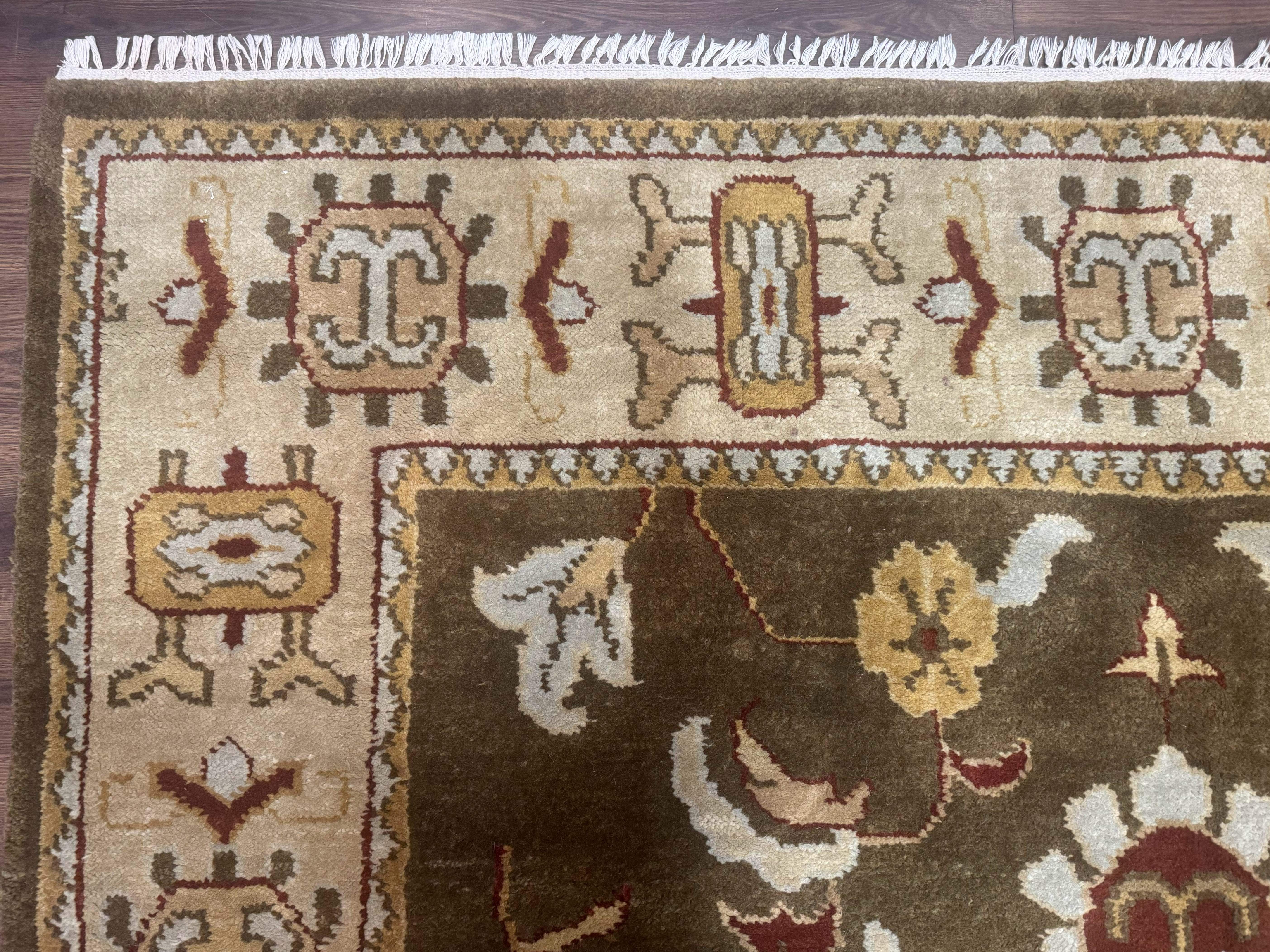 Indo Mahal Rug 8x11 – Olive Green Hand-Knotted Wool Carpet - Jewel Rugs